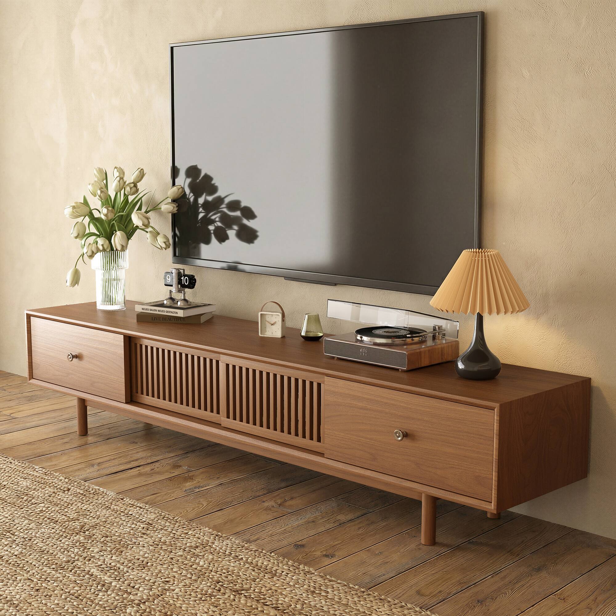 Alt View 2. luck idea - Mid-Century Modern 78.7" TV Stand, 2 Storage Drawers, Cable Management Port & Solid Wood Legs - Walnut Color.