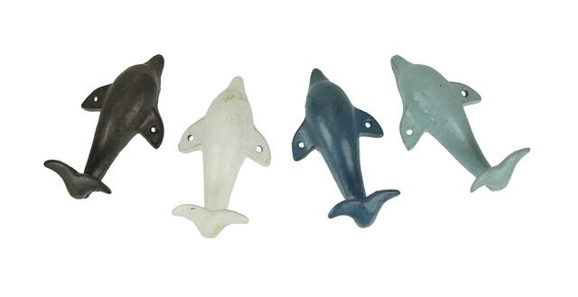 Front. Zeckos - 4 Piece Distressed Finish Cast Iron Dolphin Wall Décor Towel / Coat Hook Set Coastal Colors - Multicolored.