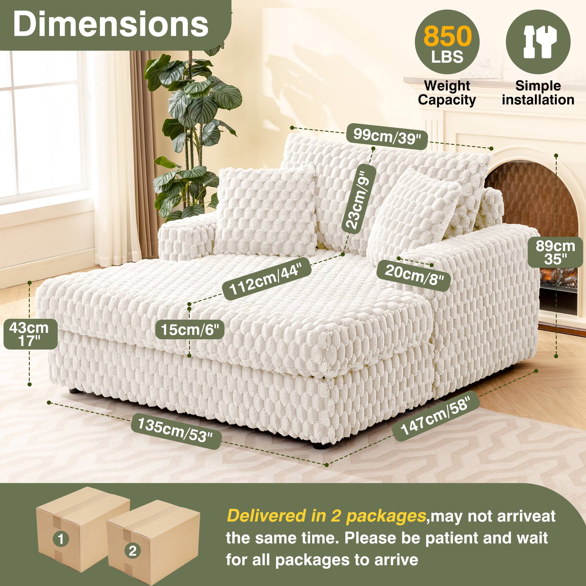 Dimensions: 112cm/44", 99cm/39", 23cm/9", 20cm/8", 89cm/35", 43cm/17", 15cm/6", 135cm/53", 147cm/58"

Weight Capacity: 850 LBS

Installation: Simple

Delivered in 2 packages, may not arrive at the same time. Please be patient and wait for all packages to arrive.