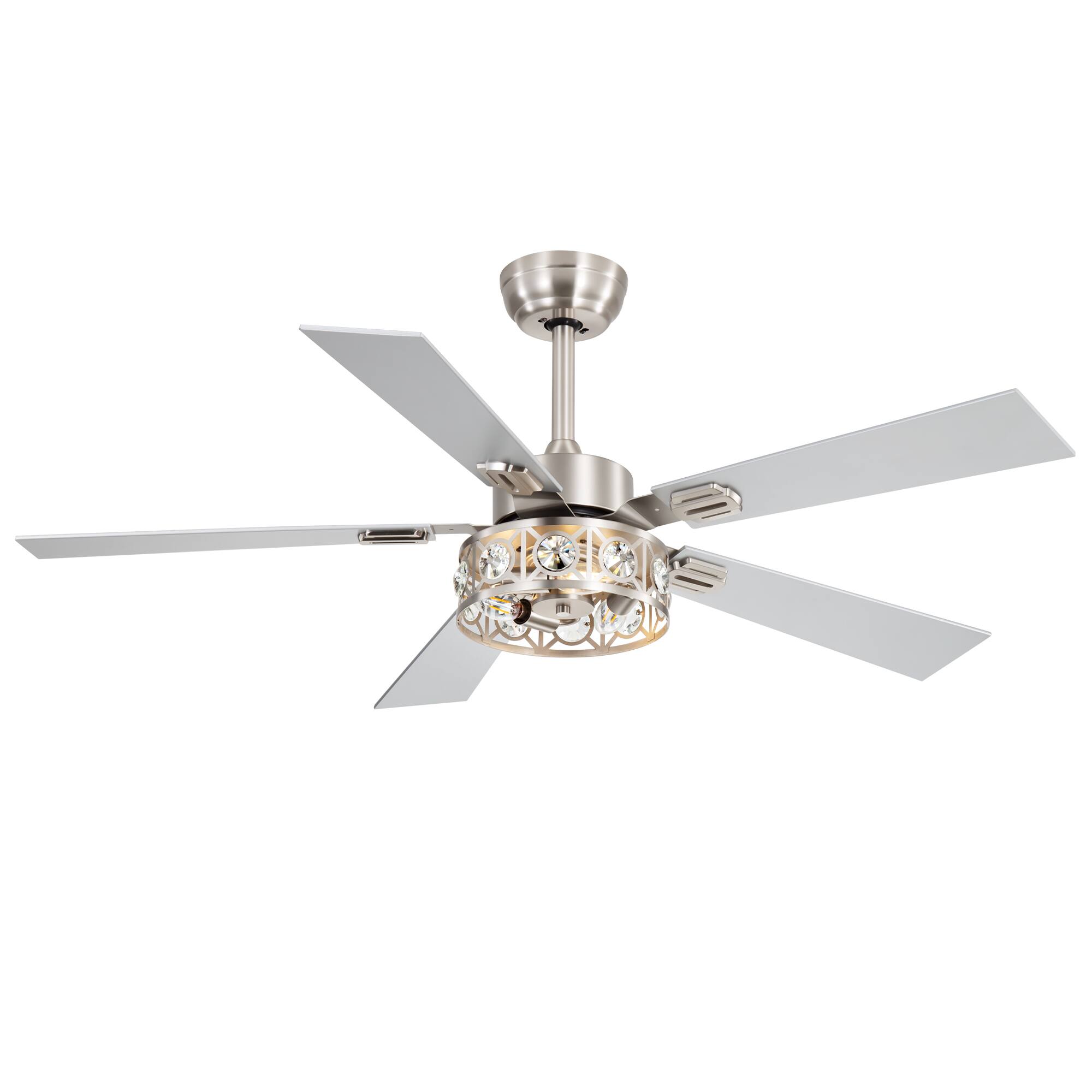 Angle. Breezary - 48-Inch Ceiling Fan with 5 Plywood Blades, DC Motor, 6-Speed Remote Control, 4'' & 8'' Downrods, Timer & Memory - Satin Nickel and Silver.