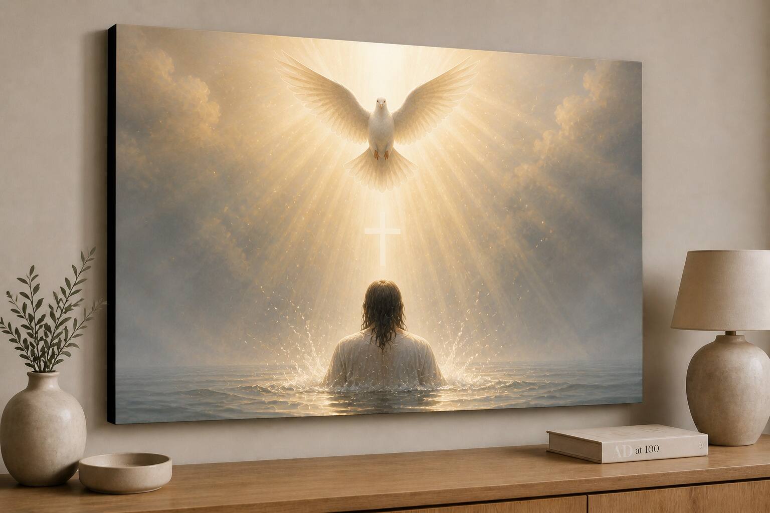 FC Design - Large Soft Baptism Light Canvas 24x36" Ready-to-Hang Religious Art Painting Home Wall Decor Gift - MultiColor