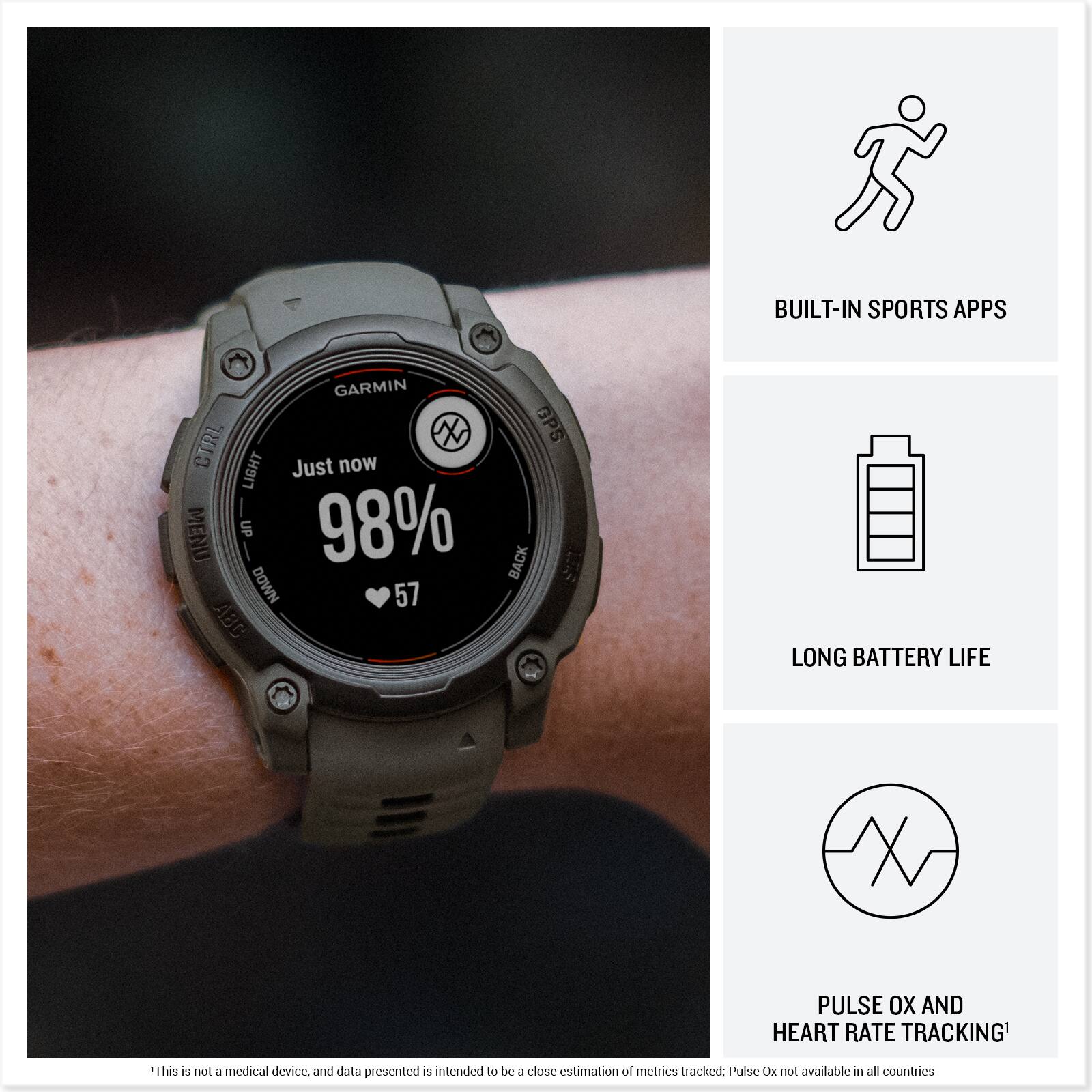 Built-in sports apps Garmin X GPS, heart rate tracking, and long battery life. Just now 98% menu up.
