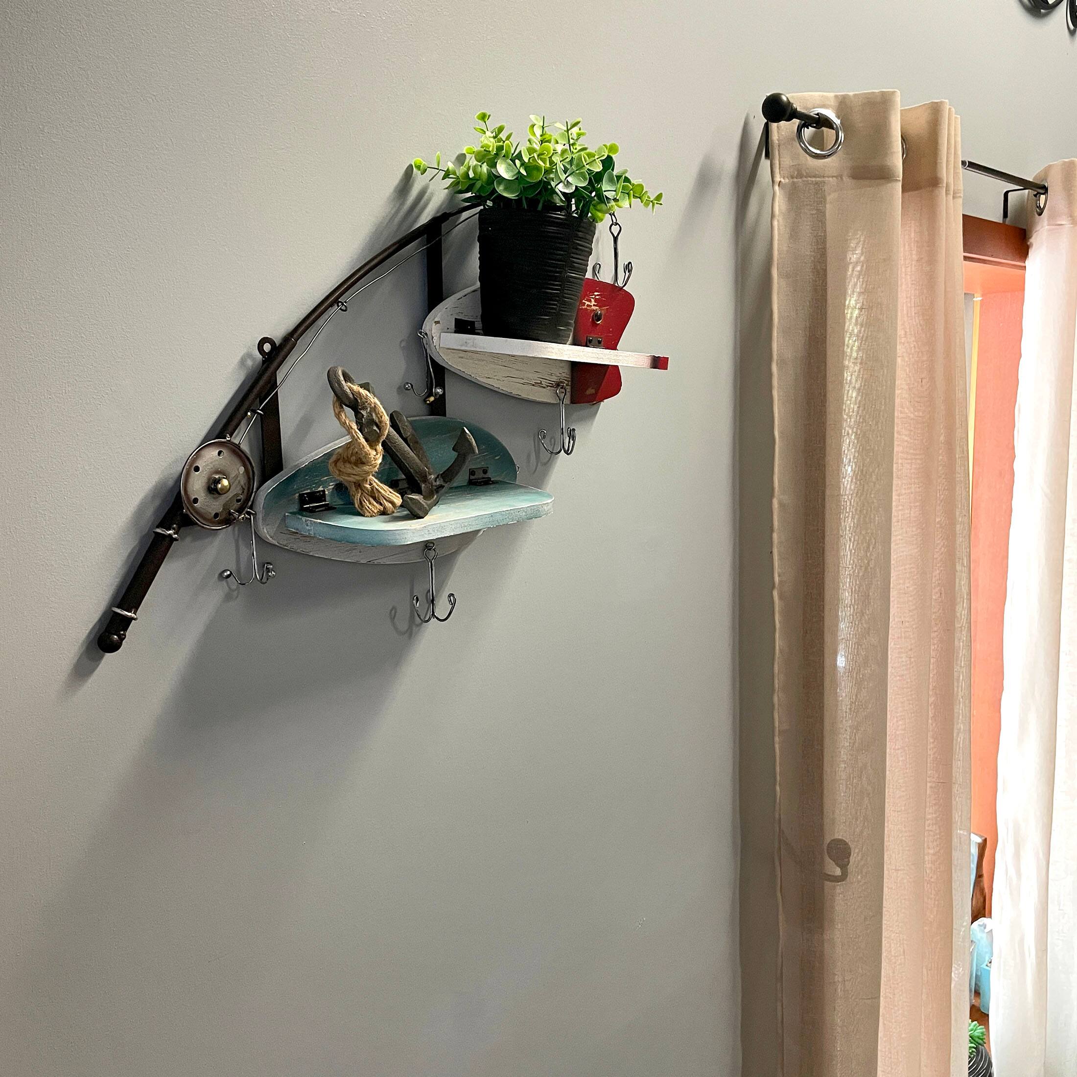 Alt View 5. Zeckos - Fishing Pole Wall Shelf with Two Lure Shelves Rustic Metal Wood Zeckos 24" Decor - Multicolored.