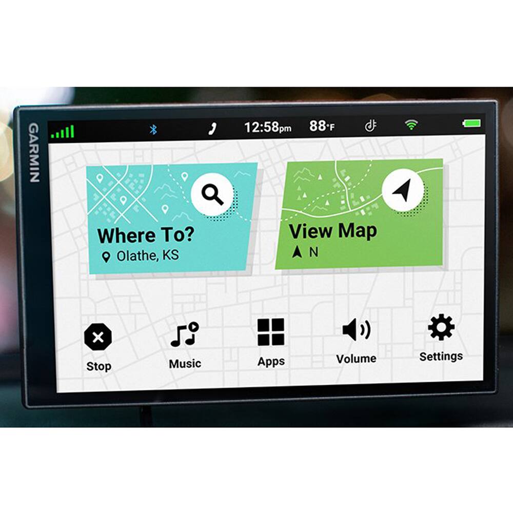 GARMIN  
Where To?  
Olathe, KS  
12:58pm  
88°F  
View Map  
N  
Stop  
Music  
Apps  
Volume  
Settings