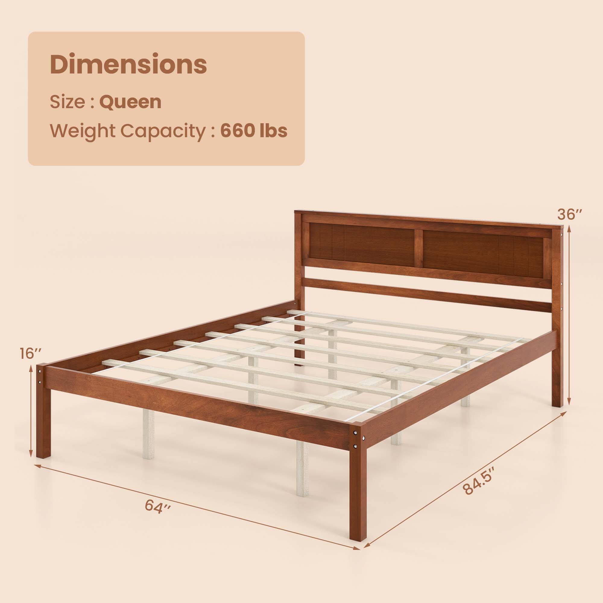 Dimensions: Size - Queen, Weight Capacity - 660 lbs, 36" x 16" x 64" x 84.5"