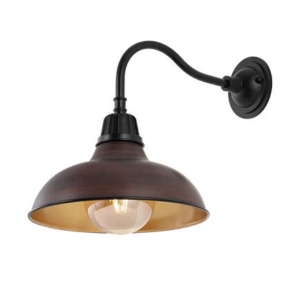 Front. Jonathan Y - Aurora 12.25" 1-Light Farmhouse Industrial Indoor/Outdoor Iron LED Gooseneck Arm Outdoor Sconce, Wood Finish/Copper - Wood Finish/Black.