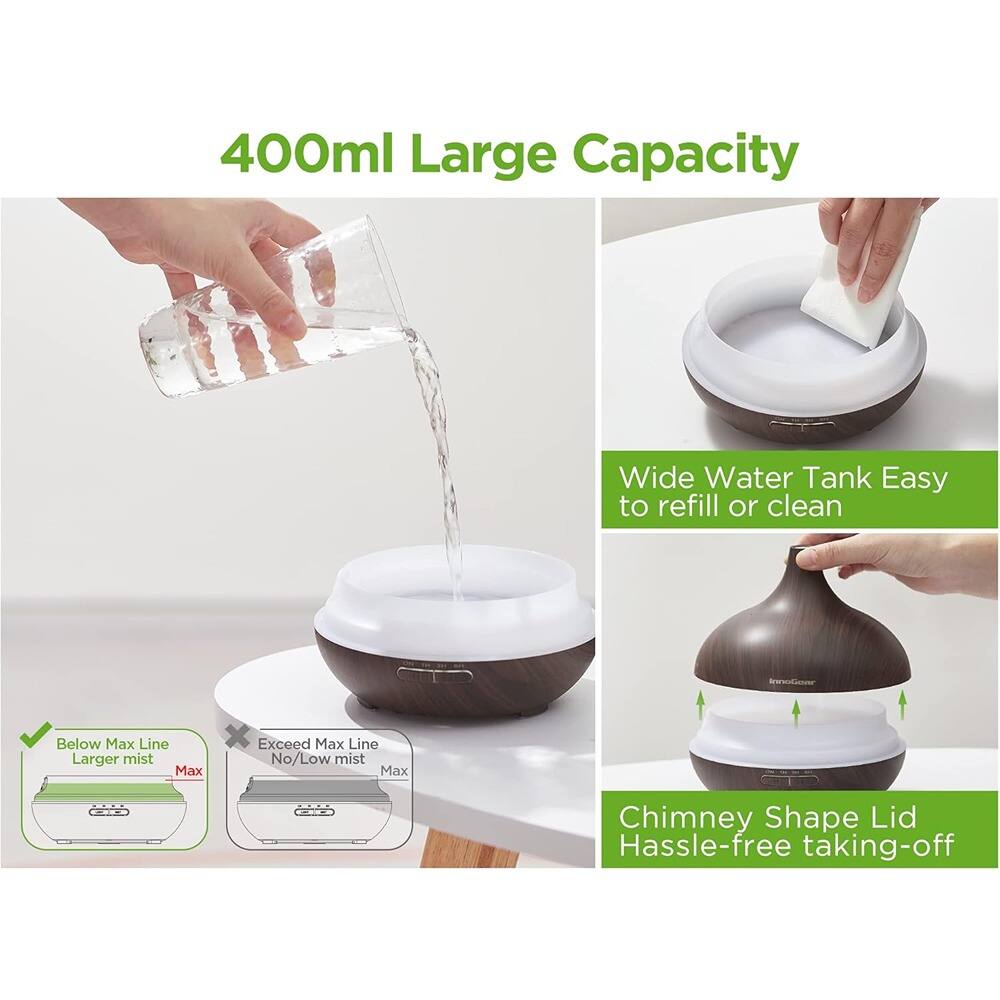 400ml Large Capacity Wide Water Tank Easy to refill or clean  
Below Max Line: Larger mist  
Exceed Max Line: No/Low mist  
Chimney Shape Lid: Hassle-free taking-off