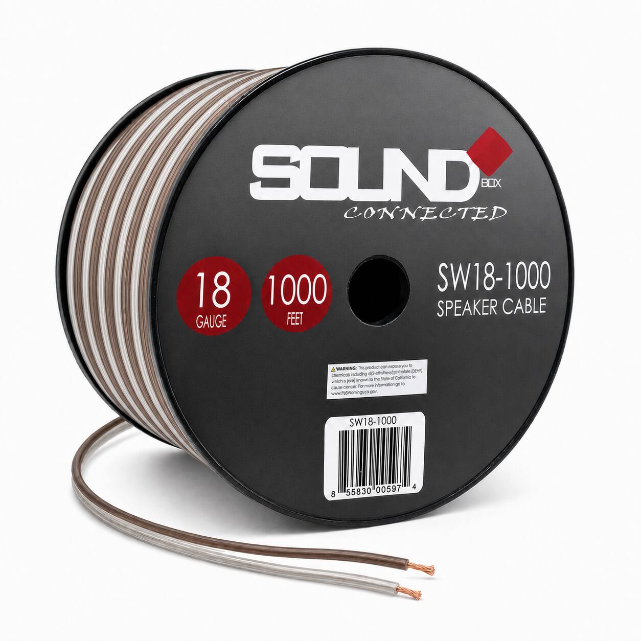 SOUND CONNECTED  
18 GAUGE  
1000 FEET  
SW18-1000 SPEAKER CABLE  

WARNING: This product contains chemicals including 40 c the State of California XX which is known to cause cancer. For more information go to www.P60Warnings.ca.gov  

SW18-1000  
00597 4 8 55830