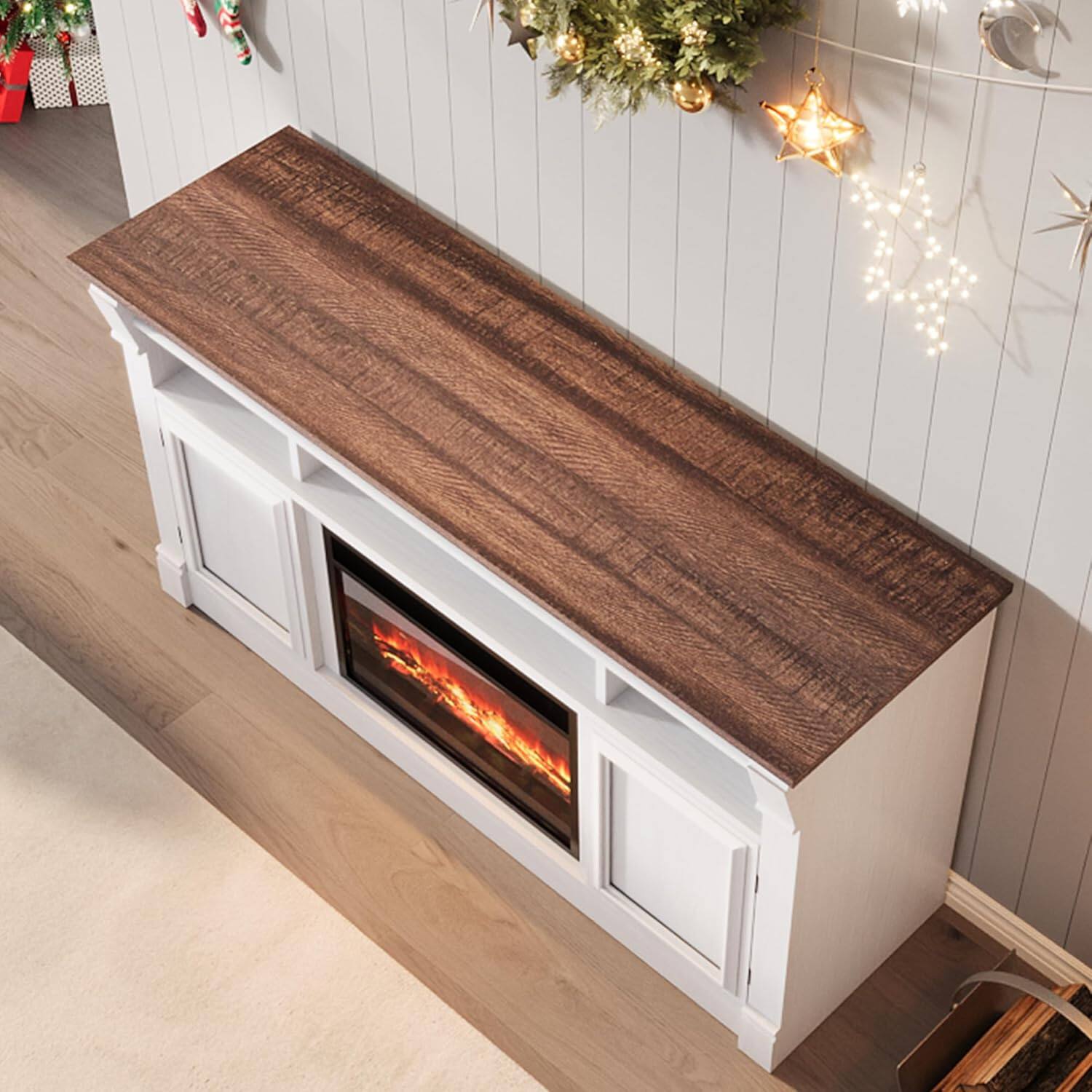 Left. Babevy - 58" Farmhouse Fireplace TV Stand, Entertainment Center with Open Storage Cabinets, Media Console for Living Room - White & Brown.