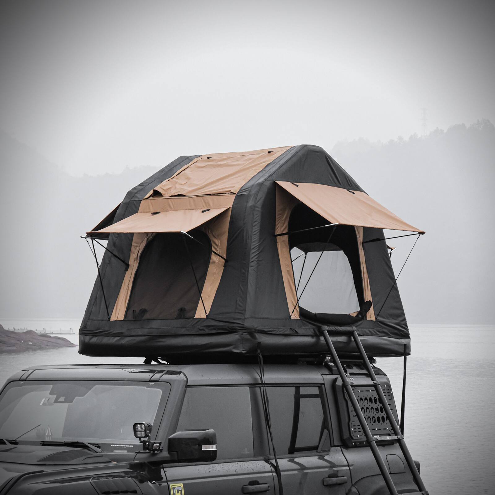 Alt View 6. APRILSOUL - Foldable 2 3 People Amphibious Inflatable Car Roof Top Tent SUV Truck No Ladder Two tone Khaki Black - Yellow.