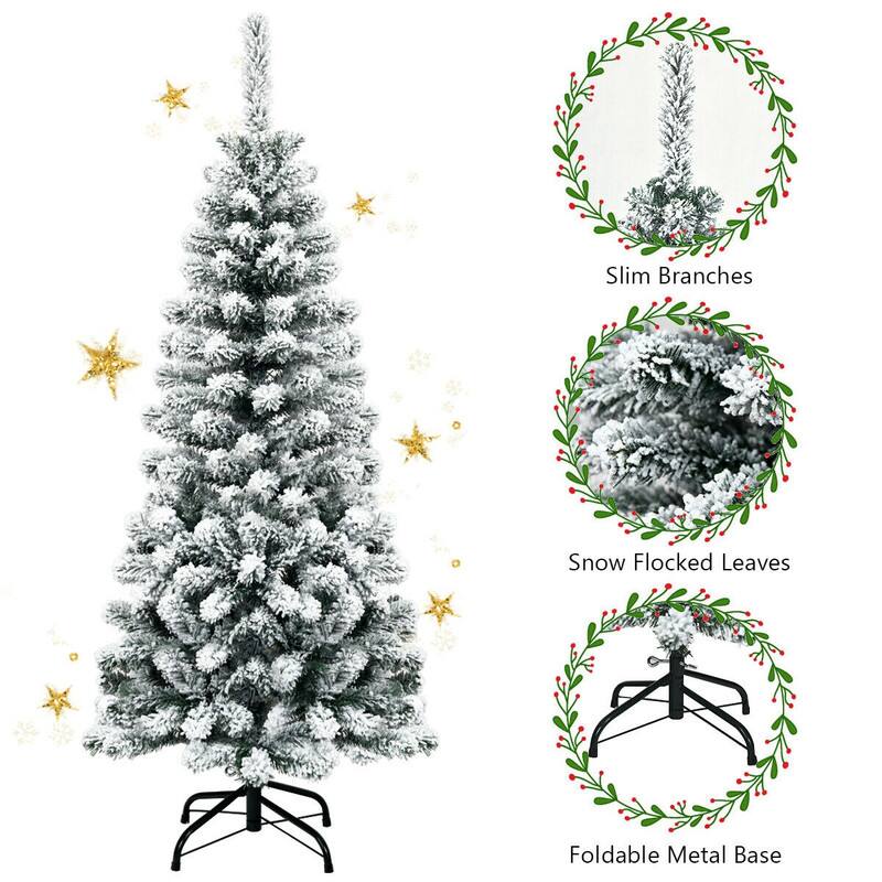 Slim Branches  
Snow Flocked Leaves  
Foldable Metal Base