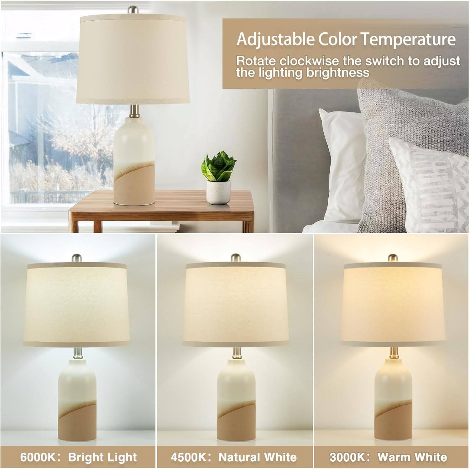 Adjustable Color Temperature  
Rotate clockwise the switch to adjust the lighting brightness  

6000K: Bright Light  
4500K: Natural White  
3000K: Warm White