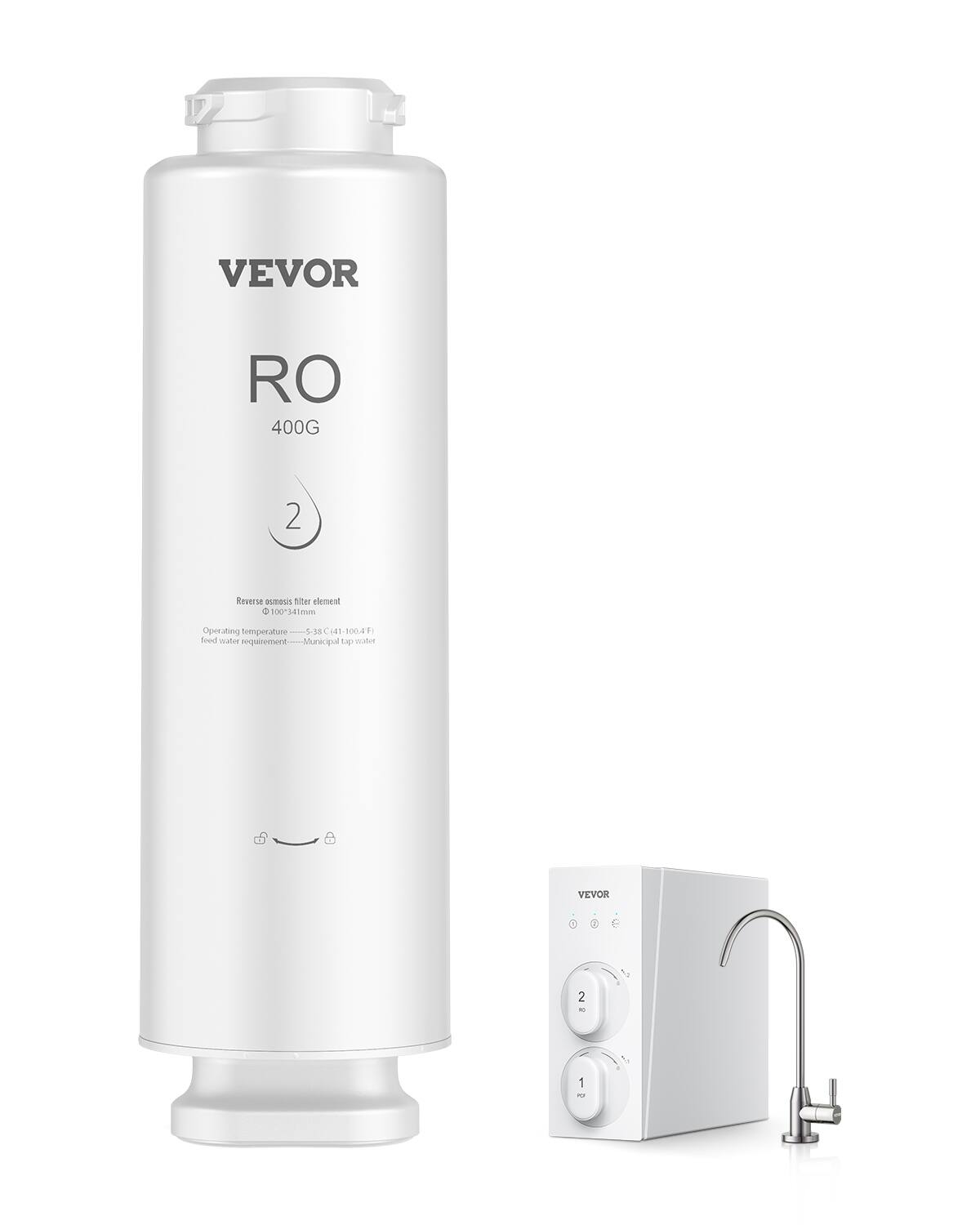 VEVOR
RO 400G
Reverse osmosis filter element
Ø100 x 341mm
Operating temperature: -5-55°C (41-100.4°F)
Feed water requirement: Municipal tap water
VEVOR
2
1
POW