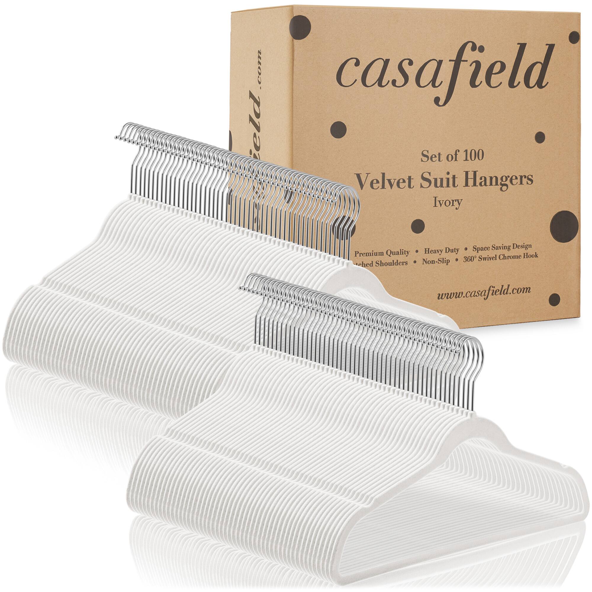Set of 100 Velvet Suit Hangers Ivory  
Premium Quality • Heavy Duty • Space Saving Design  
Padded Shoulders • Non-Slip • 360° Swivel Chrome Hook  
www.casafield.com