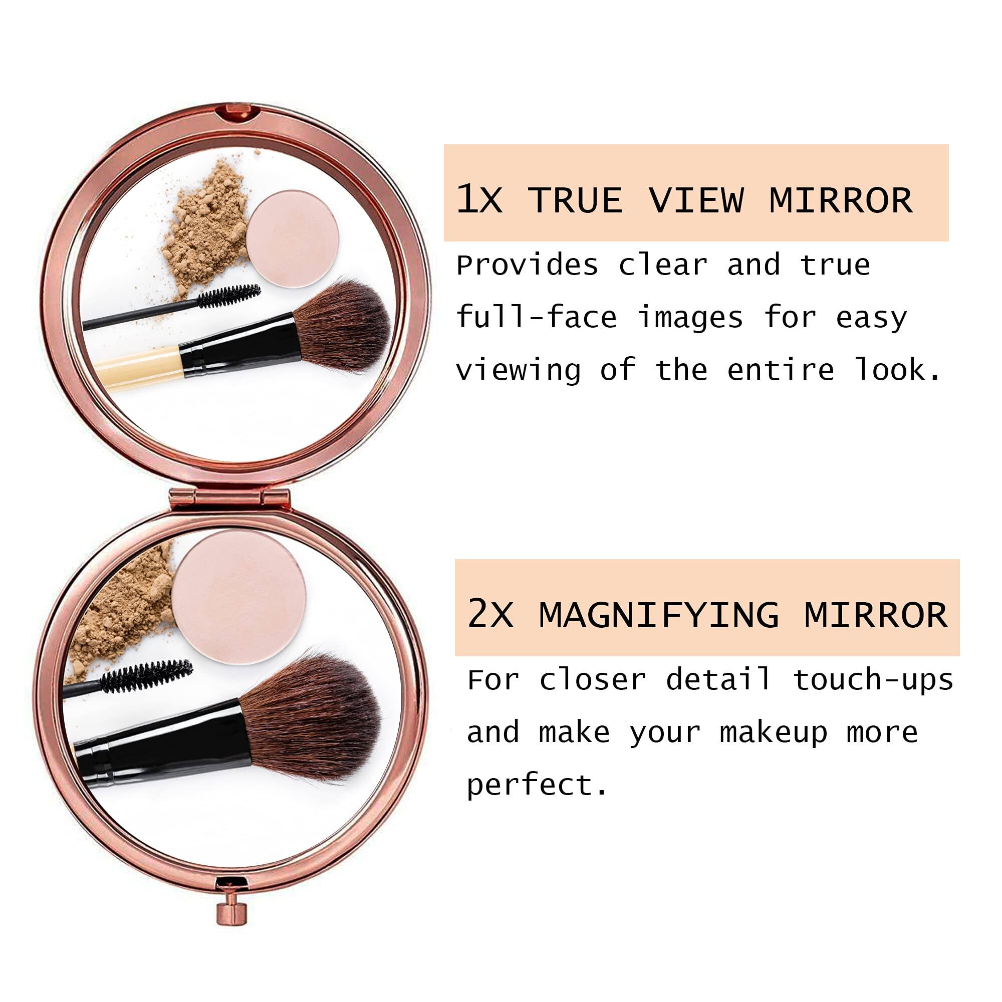 1X TRUE VIEW MIRROR  
Provides clear and true full-face images for easy viewing of the entire look.

2X MAGNIFYING MIRROR  
For closer detail touch-ups and make your makeup more perfect.