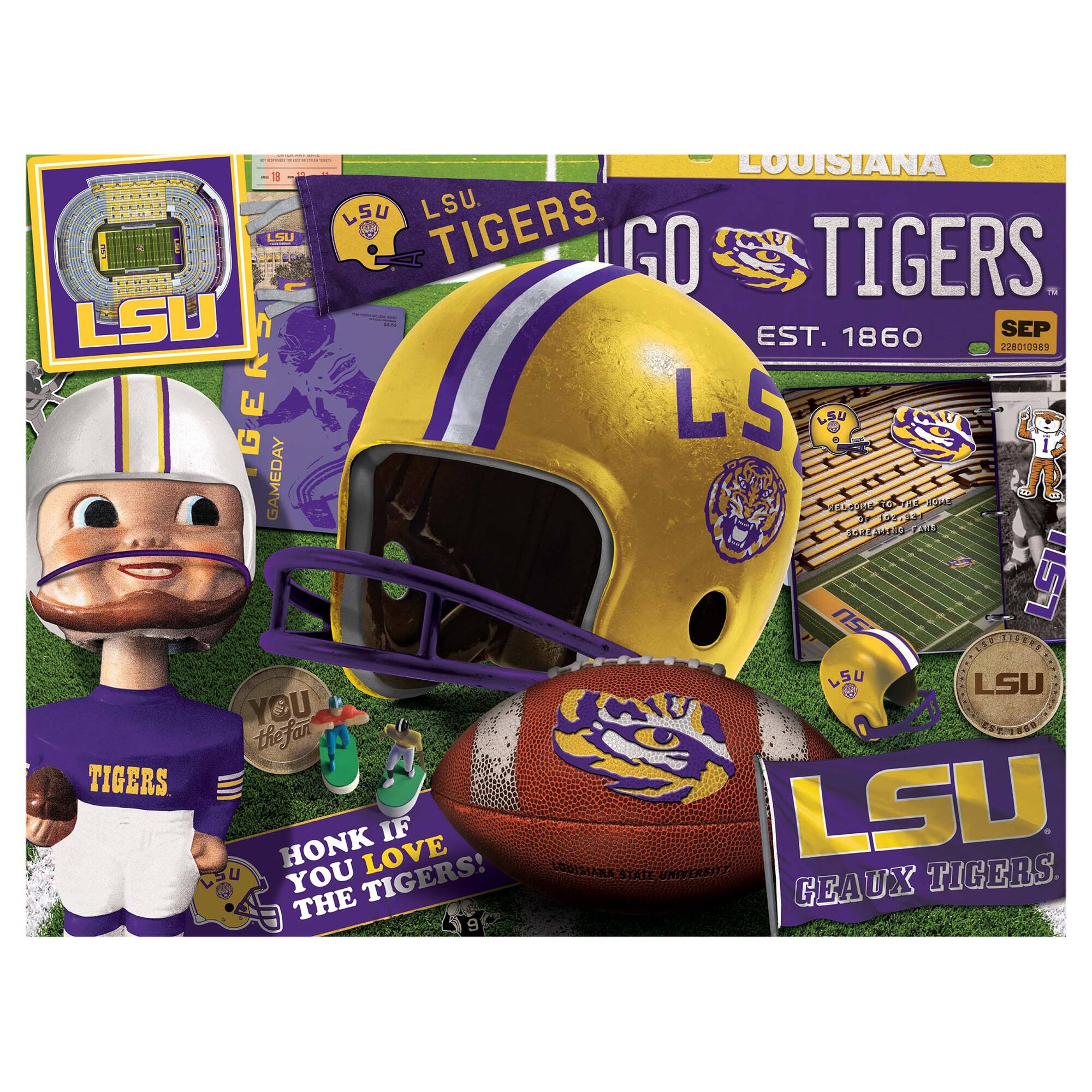 LOUISIANA  
GO TIGERS  
EST. 1860  

LSU TIGERS  
GAMEDAY  

YOU THE FAN  

HONK IF YOU LOVE THE TIGERS!  

LSU GEUX TIGERS  

LSU  
LOUISIANA STATE UNIVERSITY