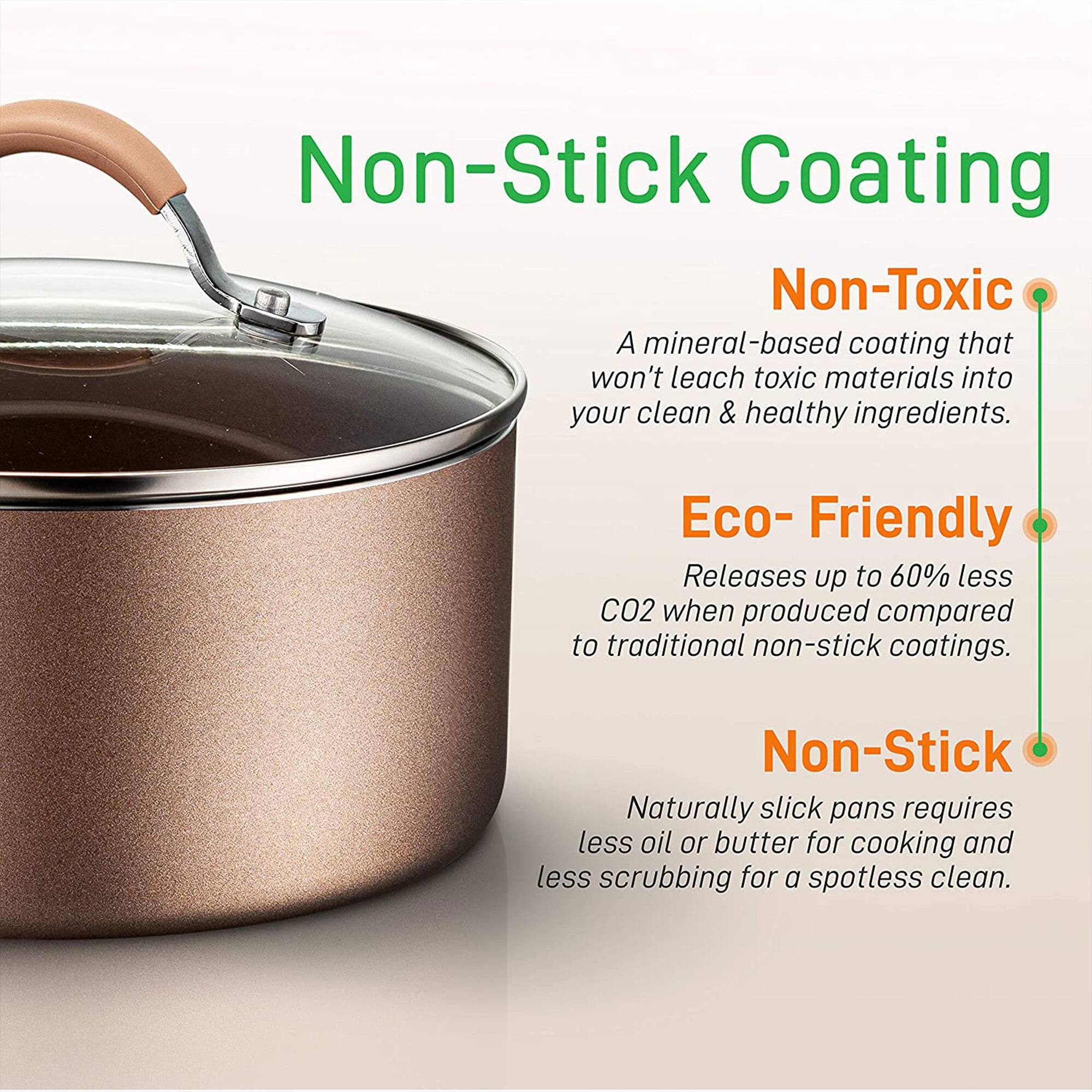 Non-Stick Coating

Non-Toxic  
A mineral-based coating that won't leach toxic materials into your clean & healthy ingredients.

Eco-Friendly  
Releases up to 60% less CO2 when produced compared to traditional non-stick coatings.

Non-Stick  
Naturally slick pans require less oil or butter for cooking and less scrubbing for a spotless clean.