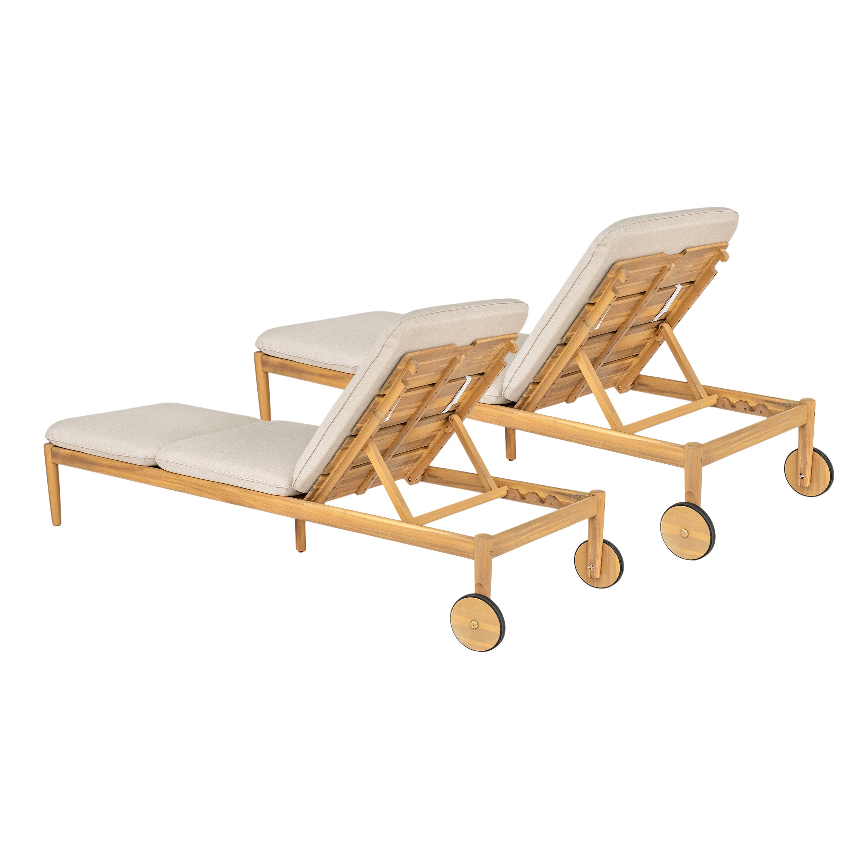 Left. Mondawe - Set of 2 Outdoor Acacia Wood Chaise Lounge with Wheels - Beige+Light Teak.