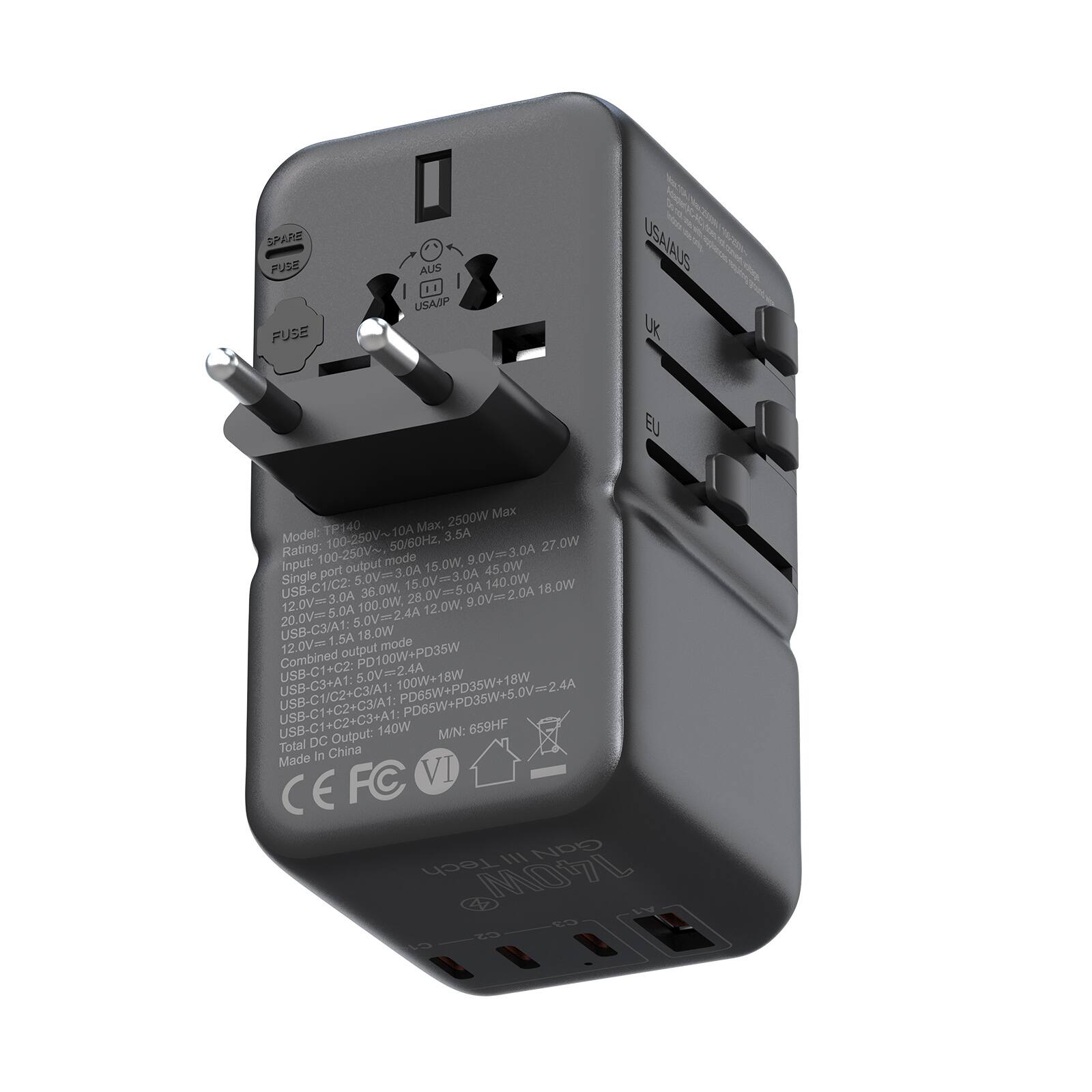The text on the image reads:

"SPAPE PUSE FUSE AUS/USA/AUS/UK/EU 2600W Max TEX40 10A Mx, Model: 100-250V~ 50/60Hz, 3.5A Rating: 27.0W Input: 100-250V~ 50/60Hz, 3.5A Rating: 27.0W Output: 140W Max TEX40 10A Mx, Model: 100-250V~ 50/60Hz, 3.5A Rating: 27.0W Input: 100-250V~ 50/60Hz, 3.5A Rating: 27.0W USB-C1/C2: 36.0W. 28.0V==5.0A 18.0W 2.0V==3.0A 100.0W. 12.0W. 9.0V==2.0A 20.0V 5.0A 5.0V==24A USB-C3/A1: 18.0W 12.0V==1.5A output PD100W+PD35W mode Combined USB-C1+C2: 5.0V==24A 100W+18W USB-C1/C2+C3/A1: USB-C3+A1: PD85W+PD35W+18W USB-C1+C2+C3/A1: 659HF Output: 140W M/N: Total DC In China Made FC VI CE 1ll GaN Tech 140W L C3 E A1"