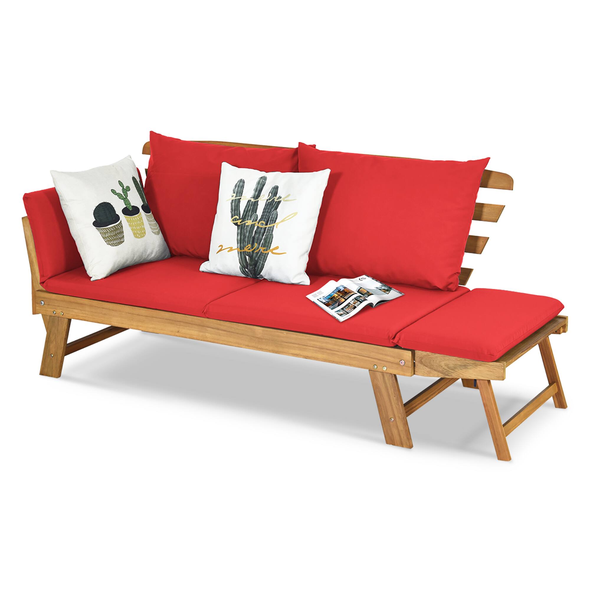 Alt View 9. Gymax - Gymax Adjustable Patio Sofa Daybed Acacia Wood Furniture w/ Red Cushions - Red.