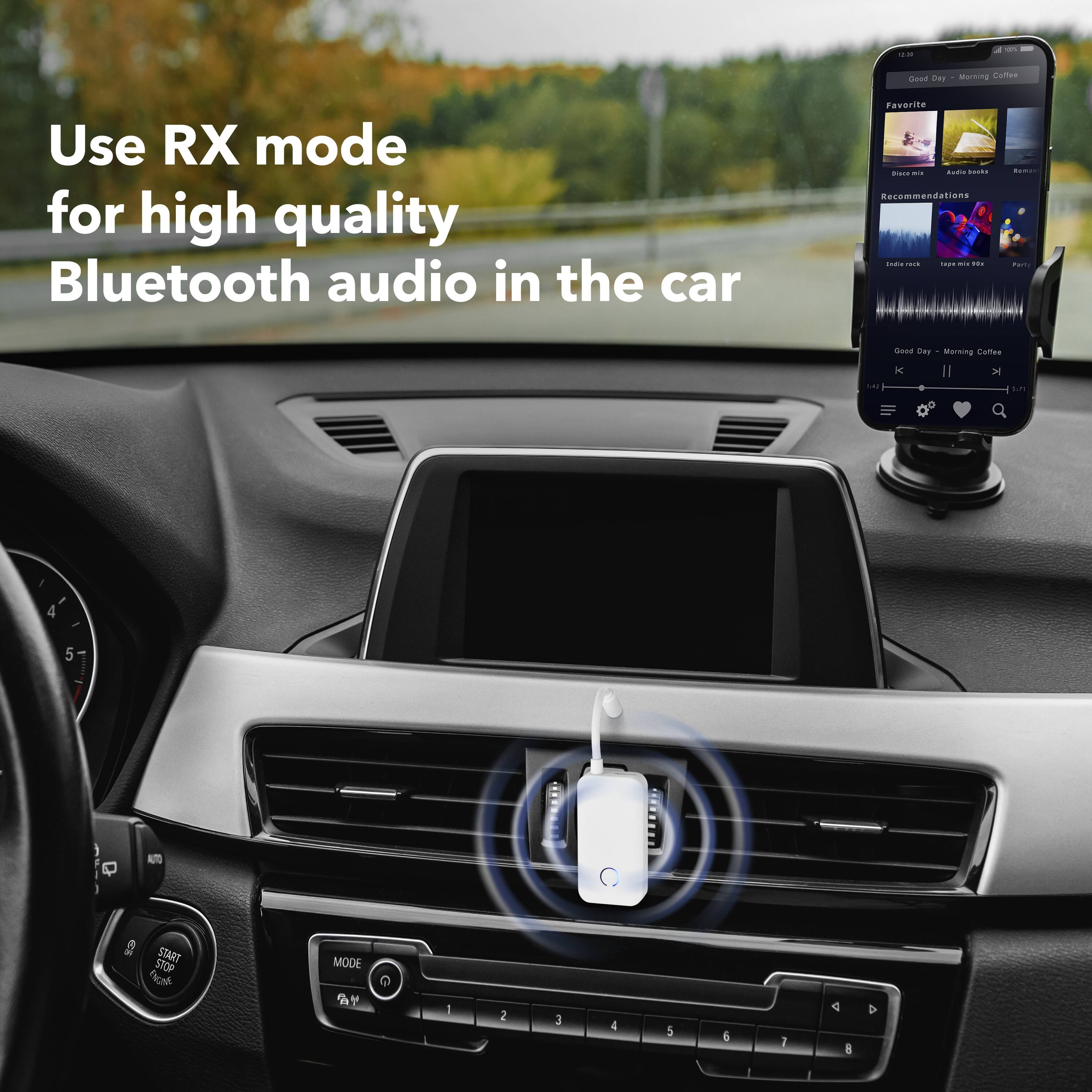 Use RX mode for high quality Bluetooth audio in the car

Favorite
- Good Day - Morning Coffee

Recommendations
- Indie Rocks
- Tape Mix 80s
- Party

1AA04
tw Morking Camua sAr Y Y L 4 5 Q START STOP fcah MODE 1 2 3 4 5 i 1 a &