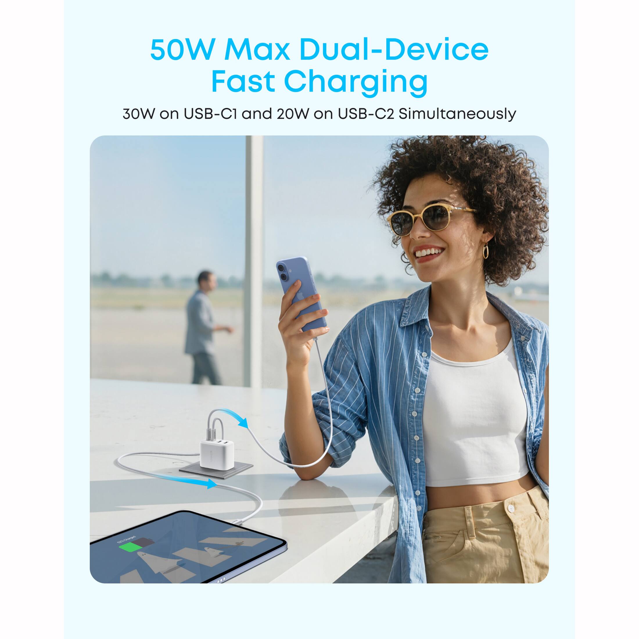 50W Max Dual-Device Fast Charging  
30W on USB-C1 and 20W on USB-C2 Simultaneously