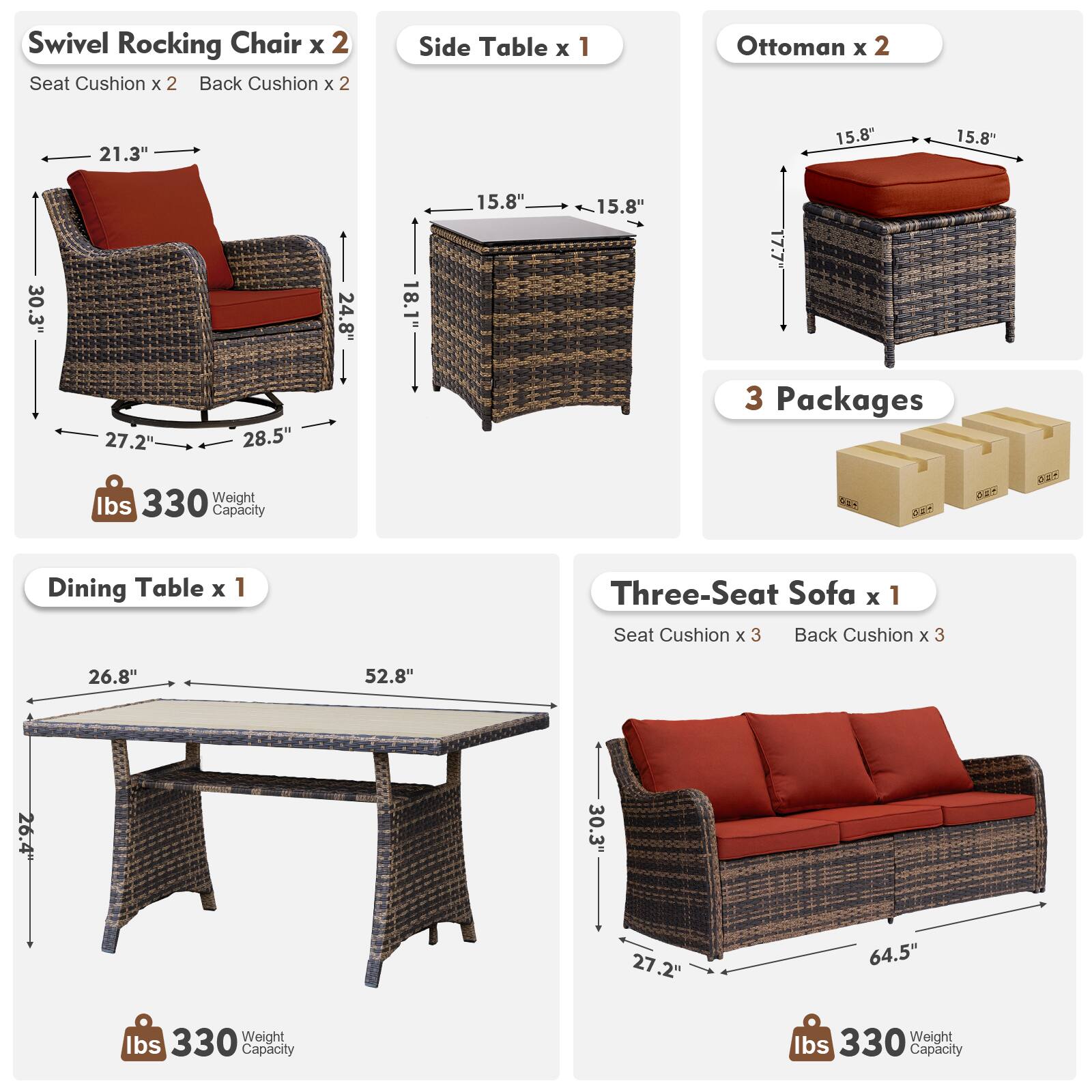 Swivel Rocking Chair x 2  
Seat Cushion x 2  
Back Cushion x 2  

Side Table x 1  

Ottoman x 2  

Dining Table x 1  

Three-Seat Sofa x 1  
Seat Cushion x 3  
Back Cushion x 3  

3 Packages  

Dimensions:  
- Swivel Rocking Chair: 21.3" W x 24.8" H x 27.2" D x 28.5" W  
- Side Table: 15.8" W x 15.8" D x 18.1" H  
- Ottoman: 15.8" W x 15.8" D x 15.8" H  
- Dining Table: 26.8" W x 52.8" L x 26.4" H  
- Three-Seat Sofa: 30.3" H x 27.2" D x 64.5" W  

Weight Capacity: 330 lbs