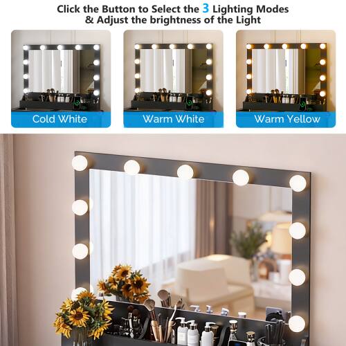 Click the Button to Select the 3 Lighting Modes & Adjust the brightness of the Light

Cold White  
Warm White  
Warm Yellow