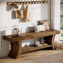 Tribesigns - Solid Wood Entryway Bench with Thick Curved Base and Open Storage Shelf - Brown