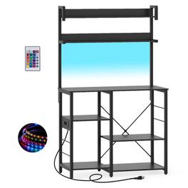 Gymax - Hutch Bakers Rack w/LED Light 2 Anti-toppling Kits Charging Station for Kitchen - Black
