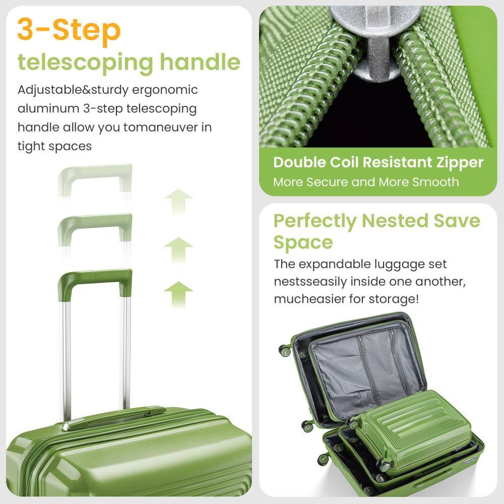 3-Step telescoping handle  
Adjustable & sturdy ergonomic aluminum 3-step telescoping handle allows you to maneuver in tight spaces  

Double Coil Resistant Zipper  
More Secure and More Smooth  

Perfectly Nested Save Space  
The expandable luggage set nests easily inside one another, much easier for storage!