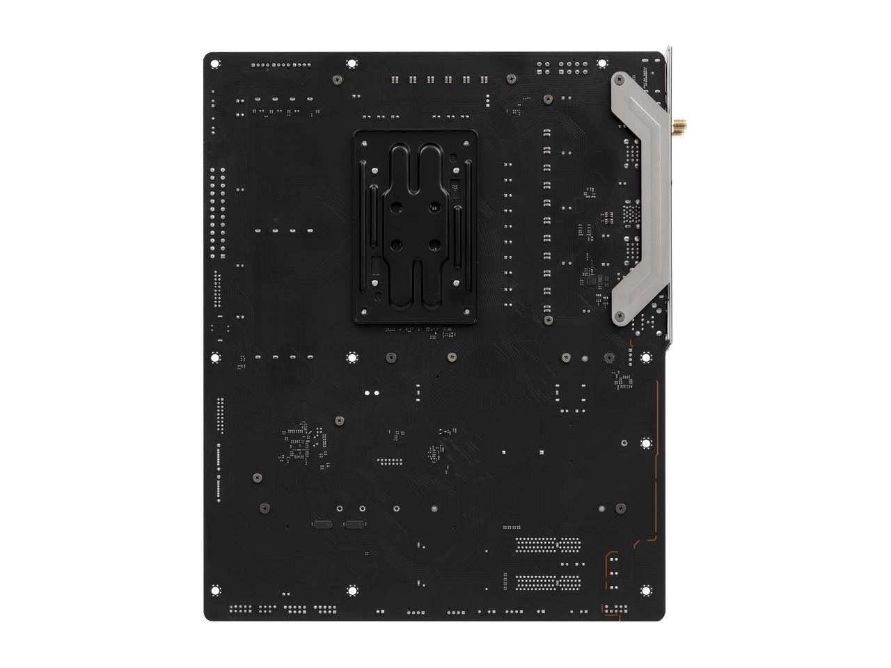 The image shows a black circuit board with various components and connectors. There is a large rectangular cutout in the center, surrounded by numerous small holes and pads. On the right side, there is a metal bracket with a gold-plated connector. The board has printed labels and markings, including "12345678" and "123456789" near the bottom.