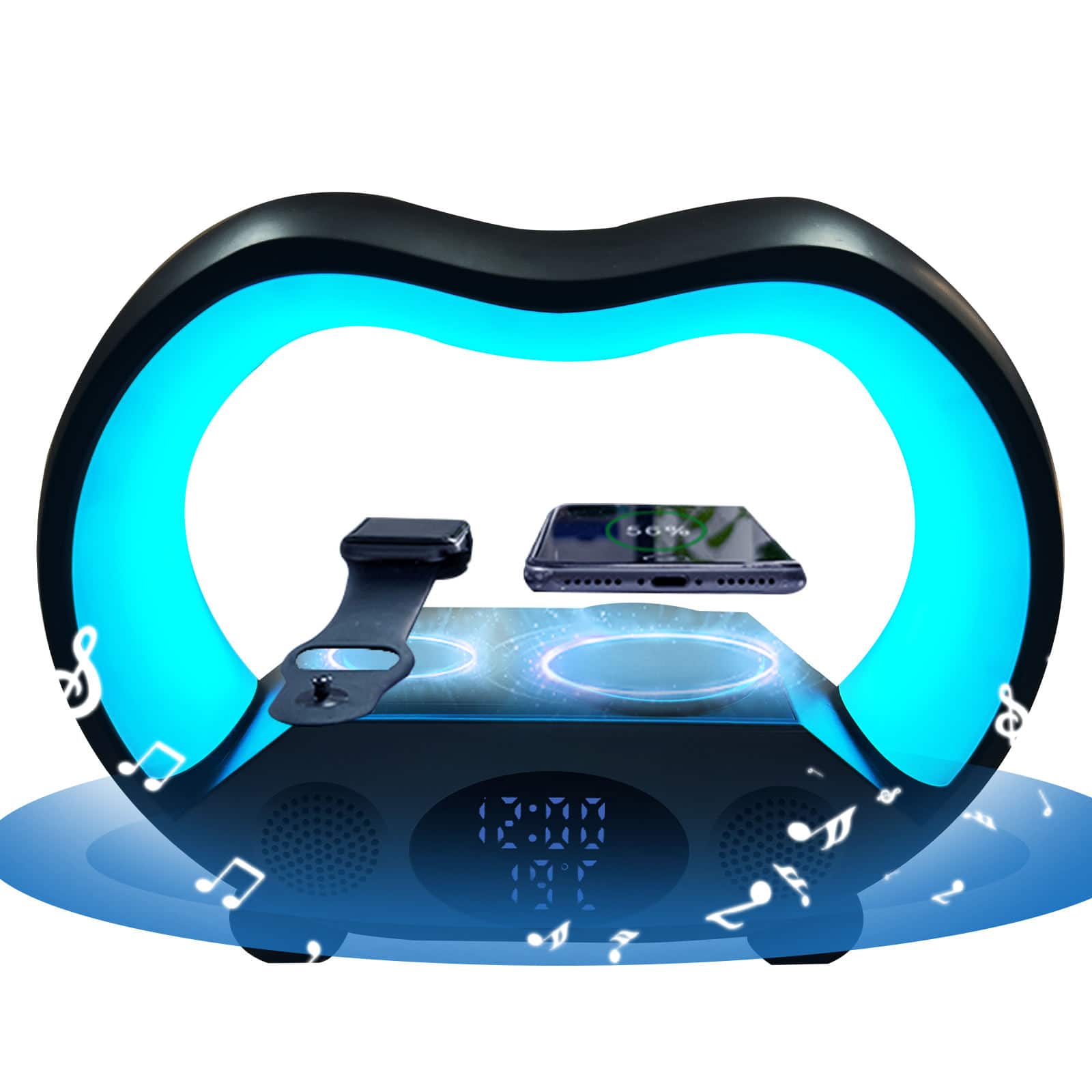 PRIMEPLUS - RGB 6-in-1 5W Night Light with Bluetooth Speaker Charging Stand Alarm Clock Time Display for Bedroom Bedside - Black