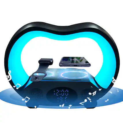 Front. PRIMEPLUS - RGB 6-in-1 5W Bedside Lamp with Wireless Charging Bluetooth Speaker Alarm Clock Ambient Table Light for Bedroom - Black.