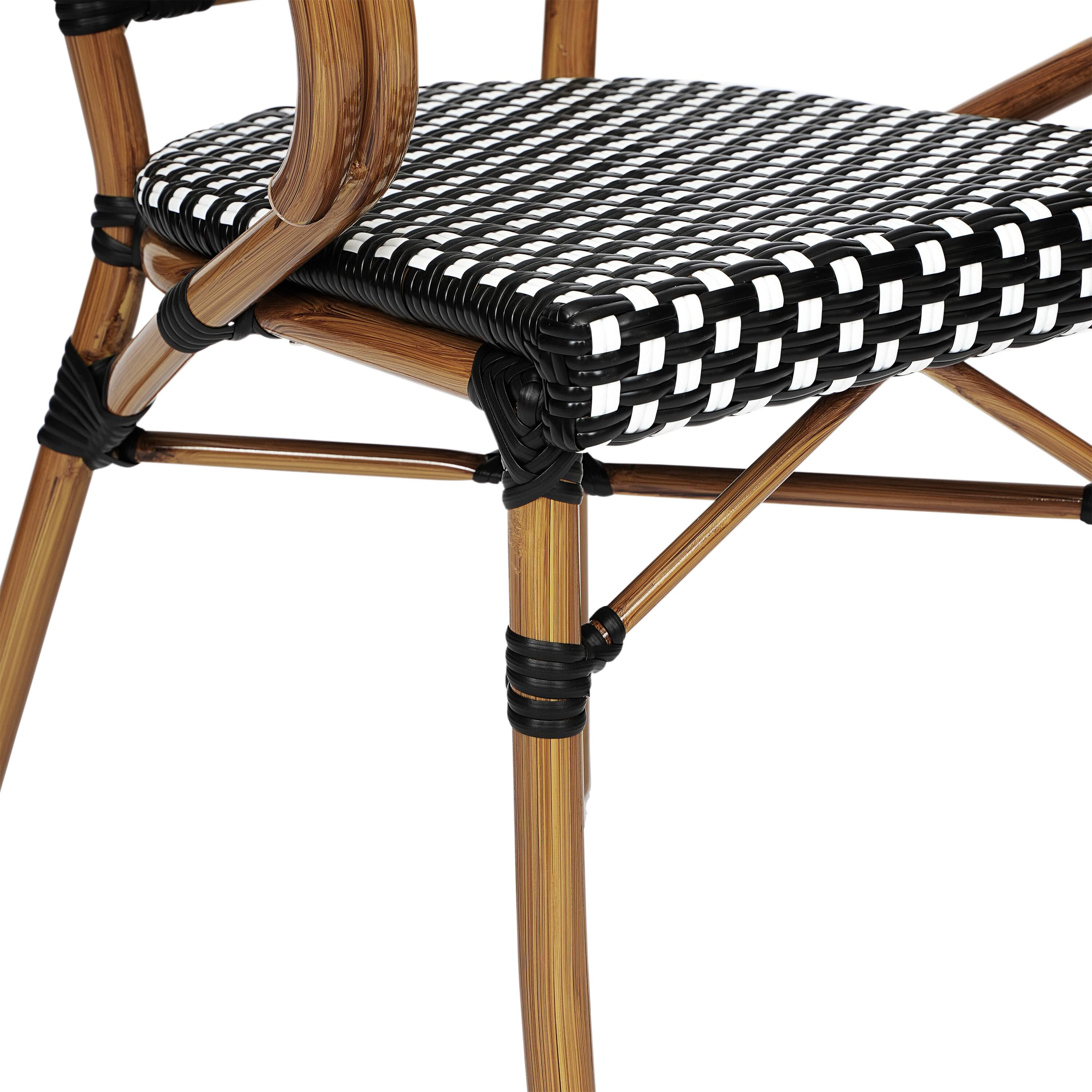 Alt View 9. Emma + Oliver - Soie Indoor/Outdoor Stacking Thonet Bistro Style Chair with Arms, PE Rattan Seat and Bamboo Finished Metal Frame - Black & White/Natural Frame.