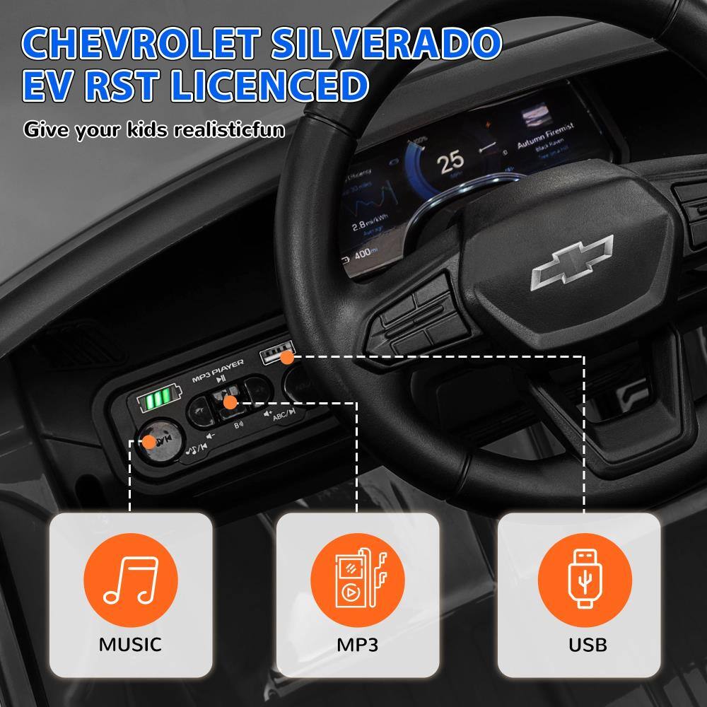 CHEVROLET SILVERADO EV RST LICENCED  
Give your kids realistic fun  

MUSIC  
MP3  
USB