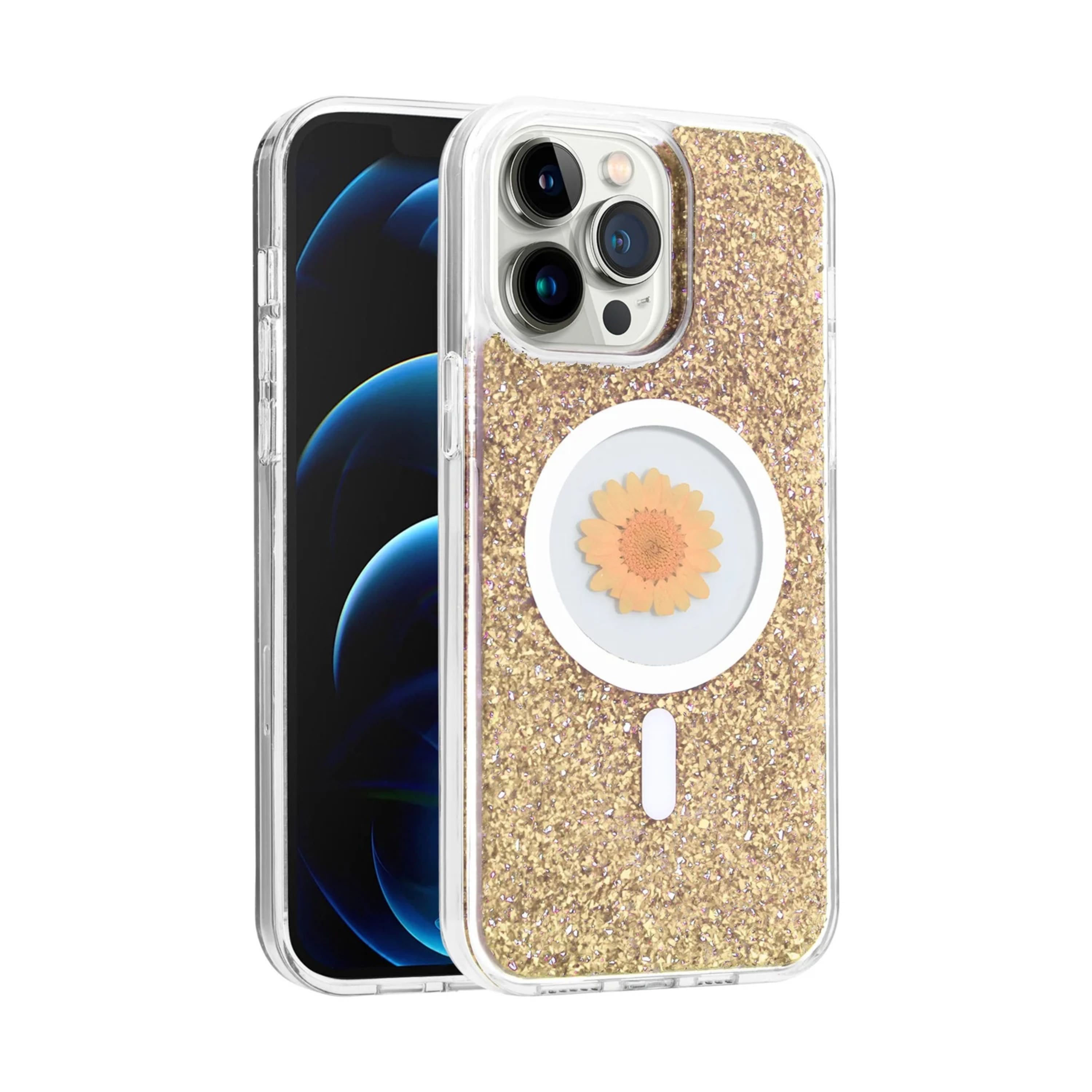 Kitcheniva - Glitter Hybrid Epoxy Real Flower Phone Case With 2 Pcs Screen Protectors For iPhone 15 Pro Max - Gold