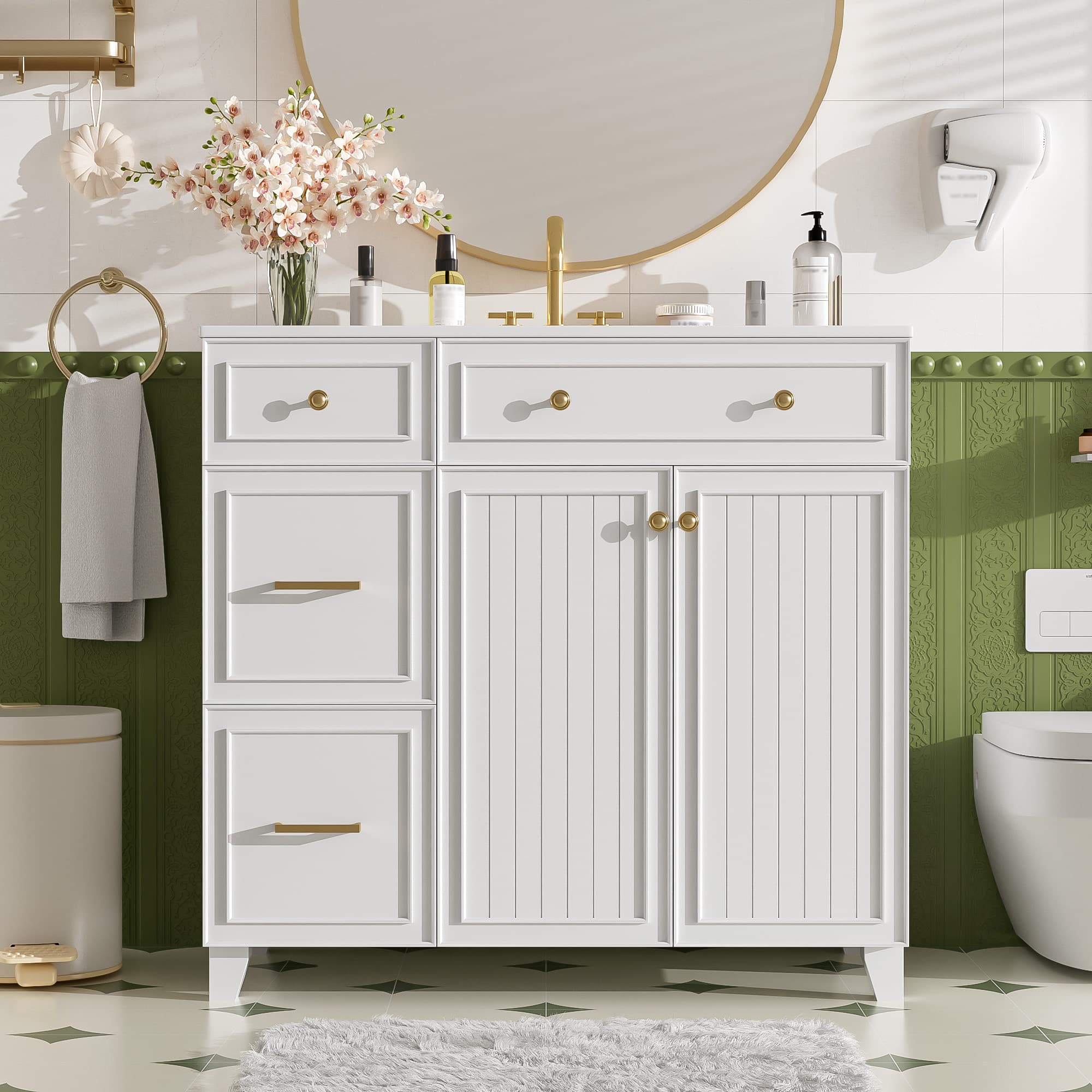 Tiramisubest - 36" Bathroom Vanity with Ceramic Sink, Standard and Double-Layer Drawers, Soft Close Doors, Adjustable Shelves - White