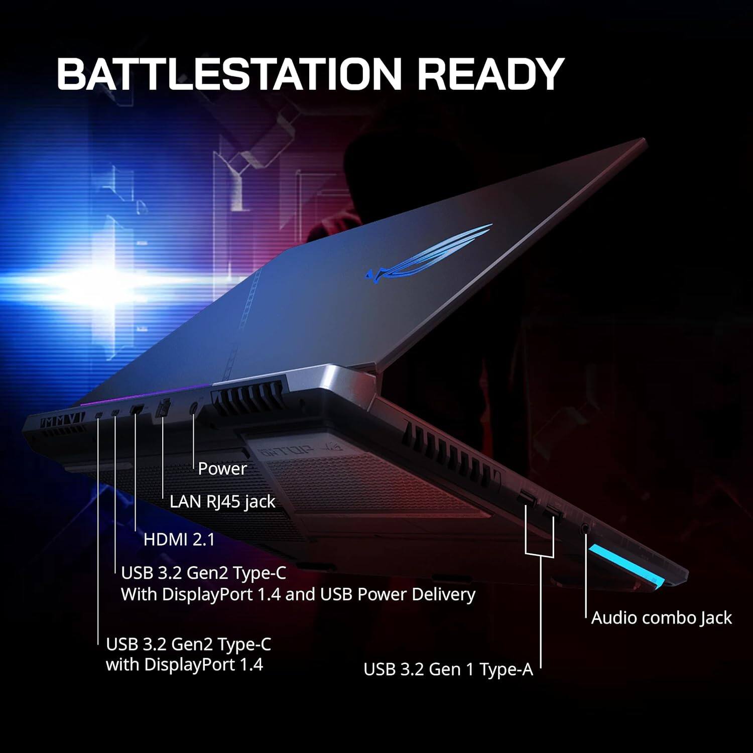 BATTLESTATION READY
Power
LAN RJ45 jack
HDMI 2.1
USB 3.2 Gen2 Type-C With DisplayPort 1.4 and USB Power Delivery
USB 3.2 Gen2 Type-C with DisplayPort 1.4
USB 3.2 Gen 1 Type-A
Audio combo Jack