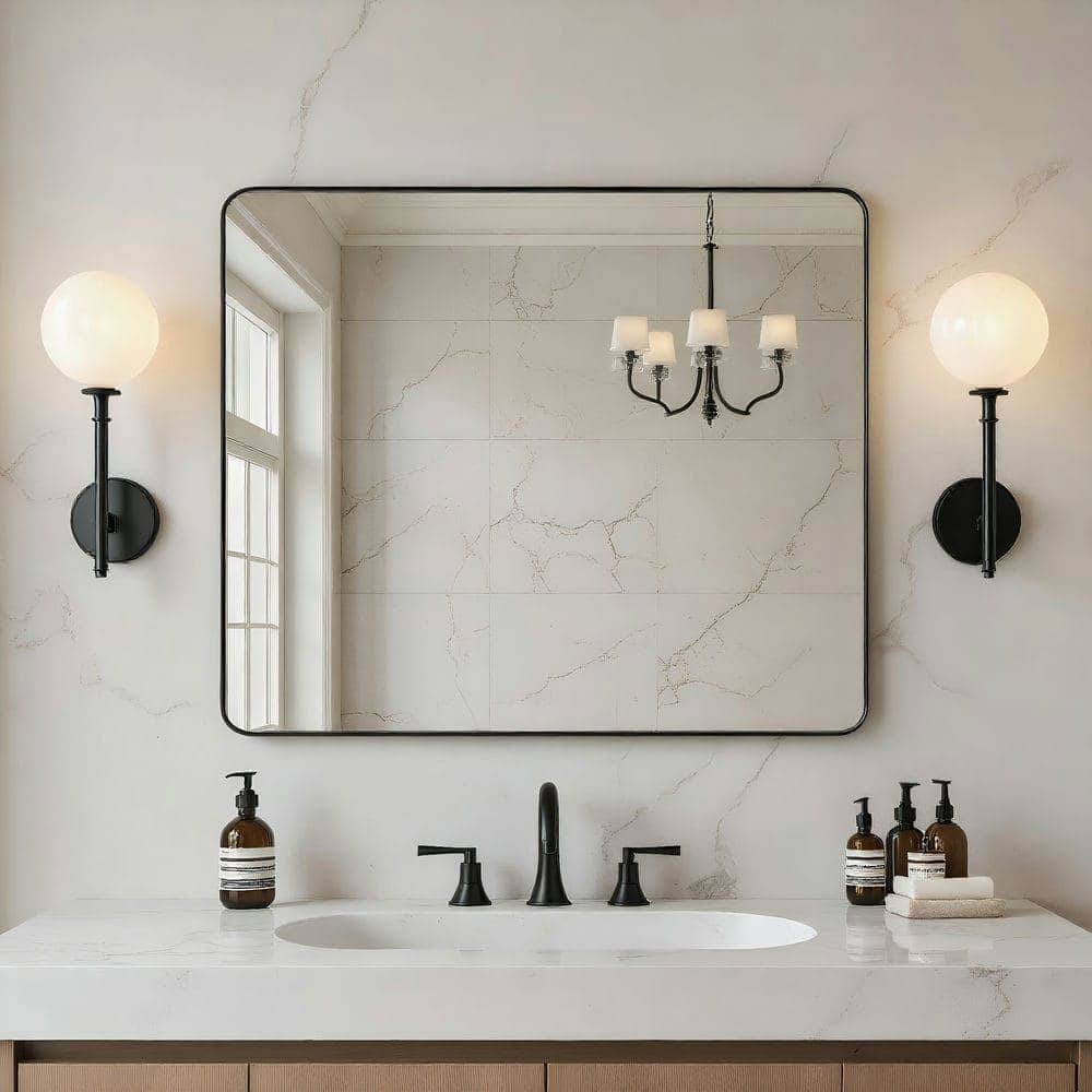 Kadyn - 36x30 Inch Wide Rectangle Wall Mirror with Rounded Corners and Black Metal Frame - Black