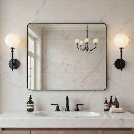 Front. Kadyn - 36x30 Inch Wide Rectangle Wall Mirror with Rounded Corners and Black Metal Frame - Black.