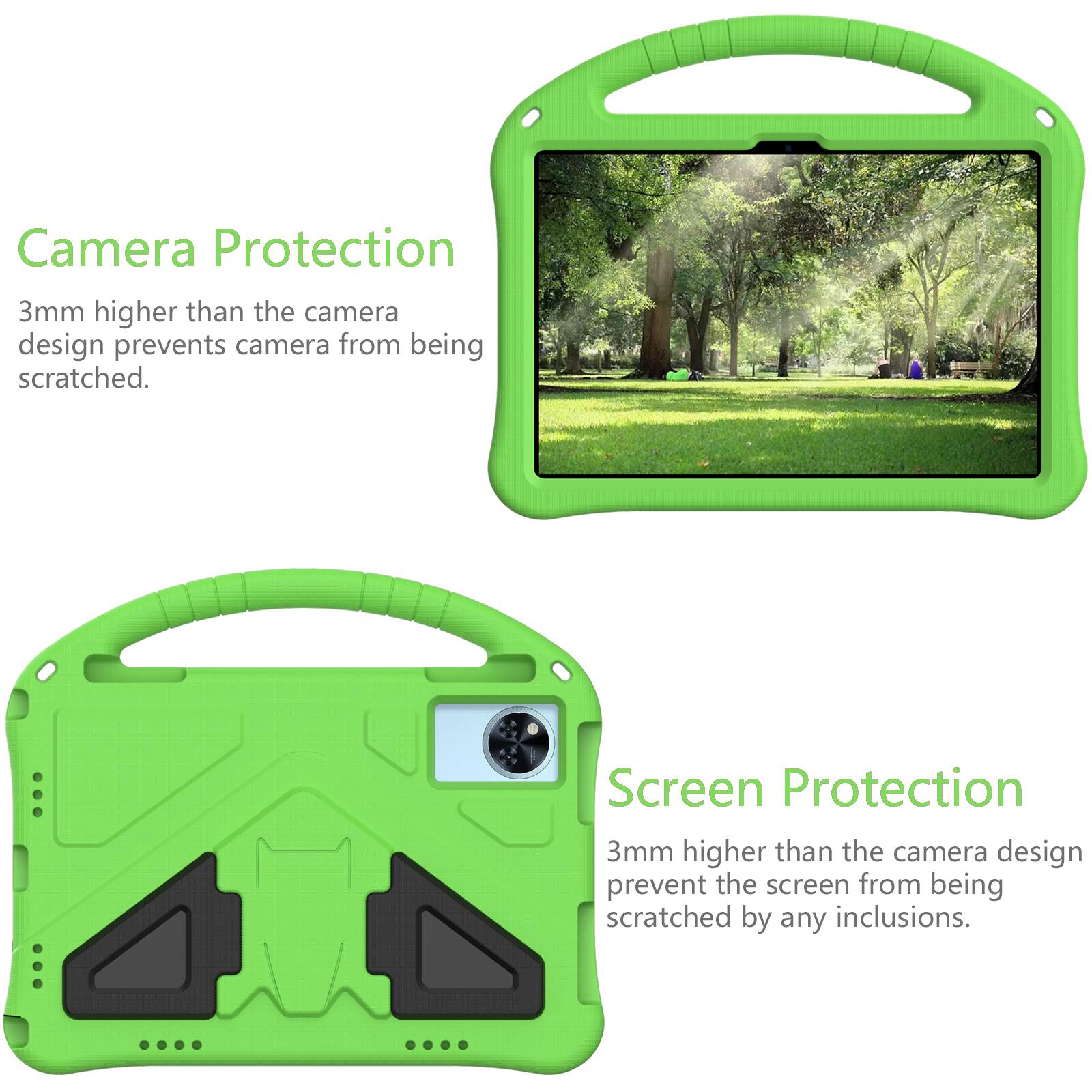Camera Protection  
3mm higher than the camera design prevents camera from being scratched.  

Screen Protection  
3mm higher than the camera design prevents the screen from being scratched by any inclusions.