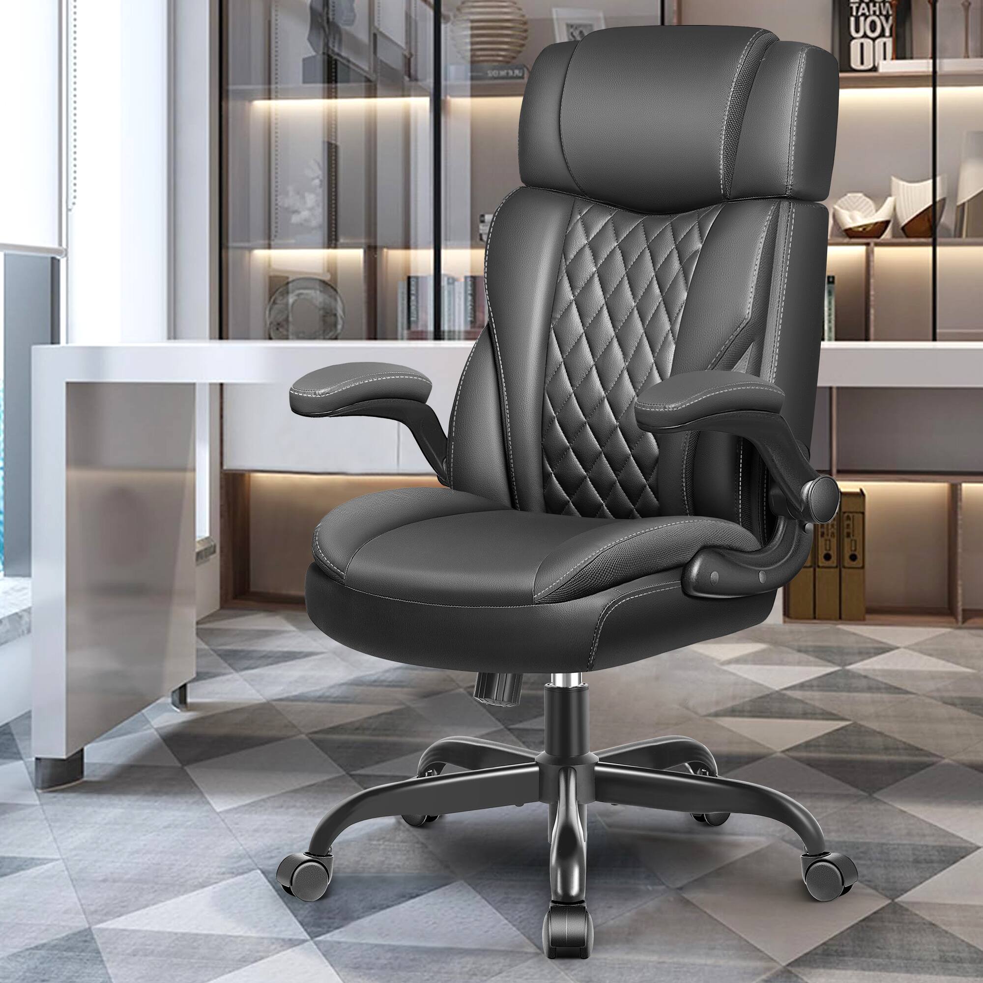 Left. Brick Attic - Ergonomic Leather Executive Office Chair , Swivel Computer Chair with Flip-Up Armrests and Adjustable Headrest - Black.