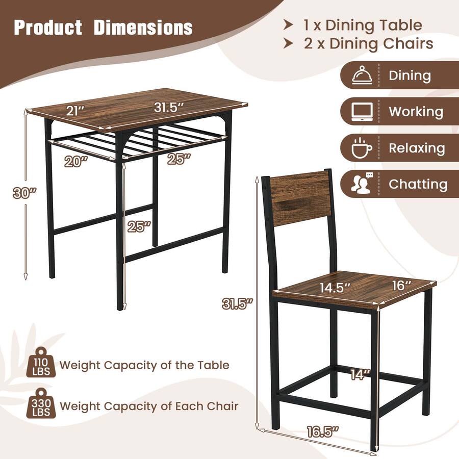 Costway 3 Piece Wood Rectangular Table & Chair Set Dining Table Set ...