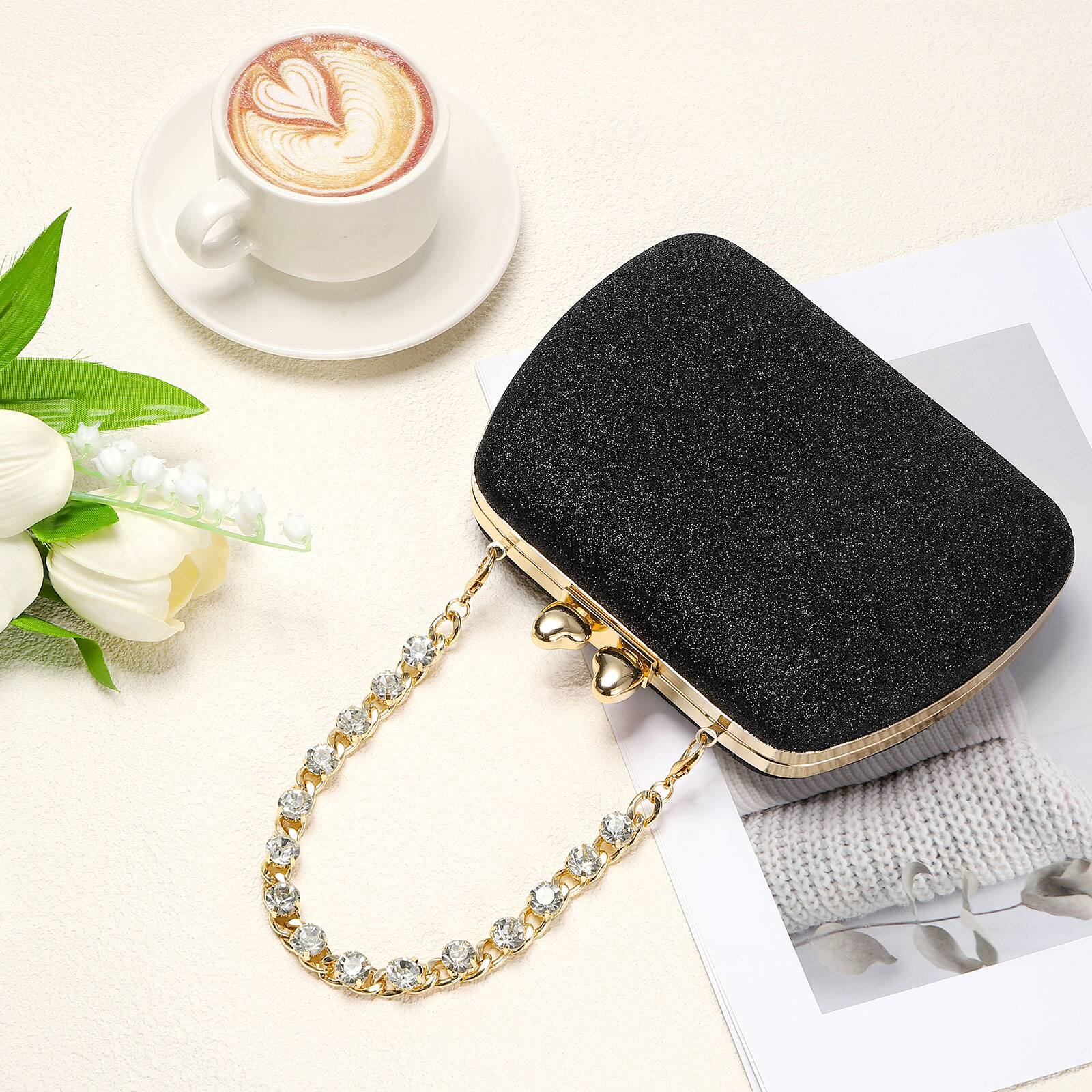 Alt View 5. Unique Bargains - Sparkly Evening Clutch Purse for Women, Vintage Heart Shape Buckle Clasp Handbag for Bridal Wedding 1920s Party - Black.