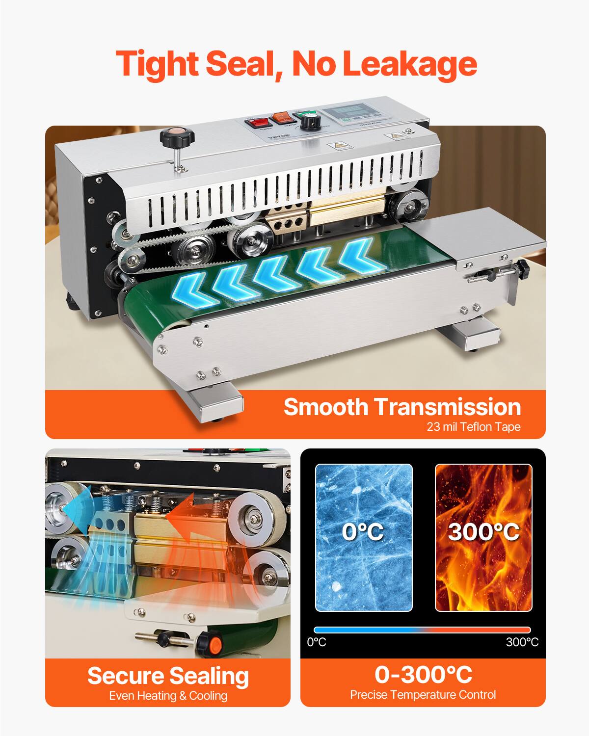 Tight Seal, No Leakage  
Smooth Transmission  
23 mil Teflon Tape  
Secure Sealing  
Even Heating & Cooling  
0-300°C Precise Temperature Control
