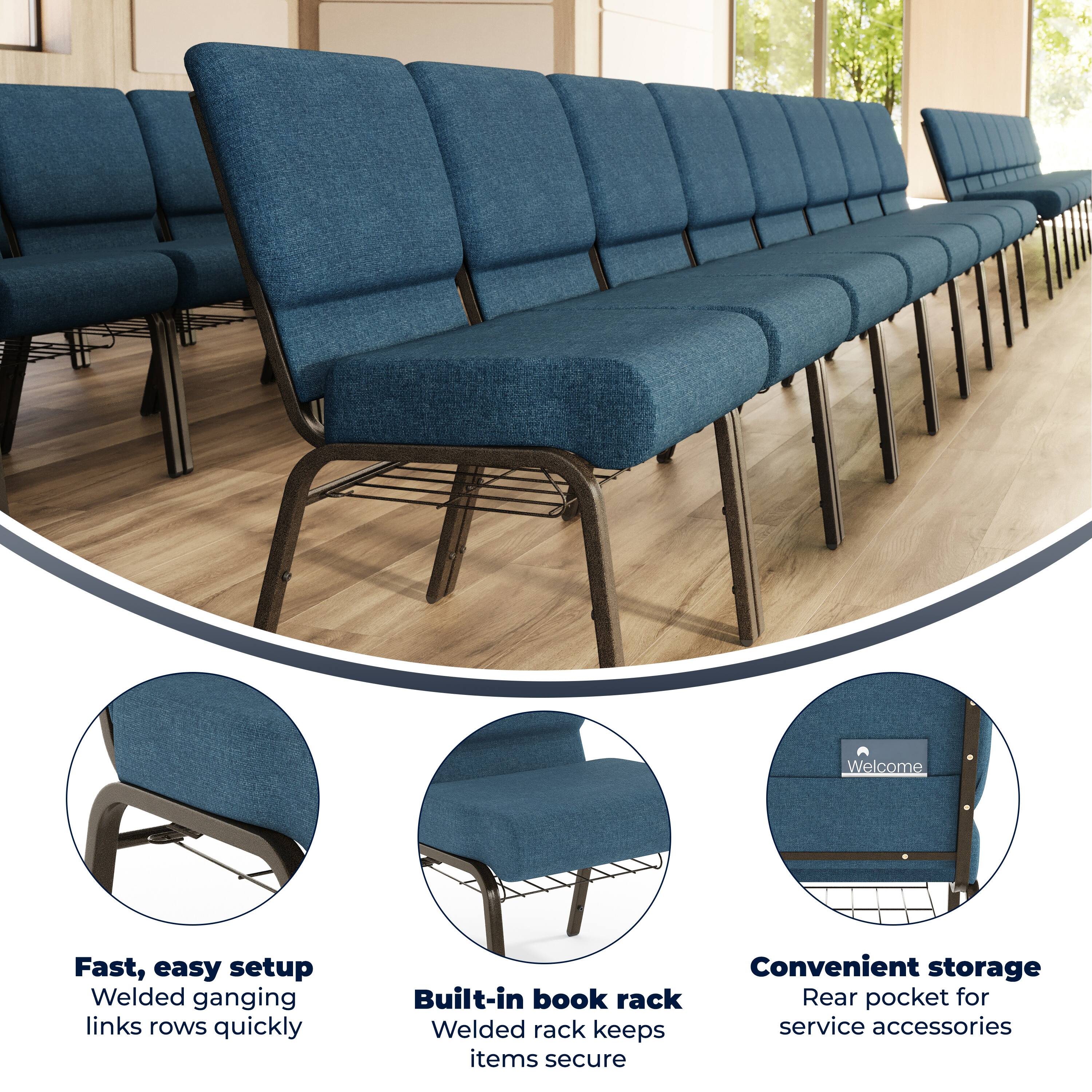 Welcome

Fast, easy setup  
Welded ganging links rows quickly

Convenient storage  
Built-in book rack  
Rear pocket for service accessories  
Welded rack keeps items secure