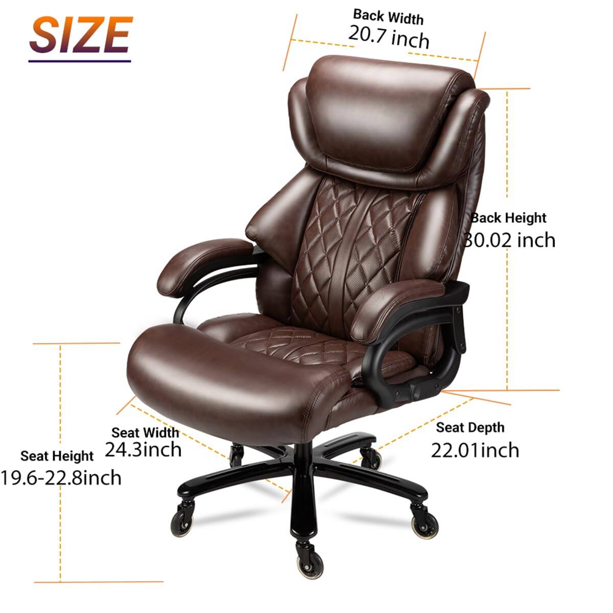 SIZE  
Back Width: 20.7 inch  
Back Height: 30.02 inch  
Seat Width: 24.3 inch  
Seat Height: 19.6-22.8 inch  
Seat Depth: 22.01 inch