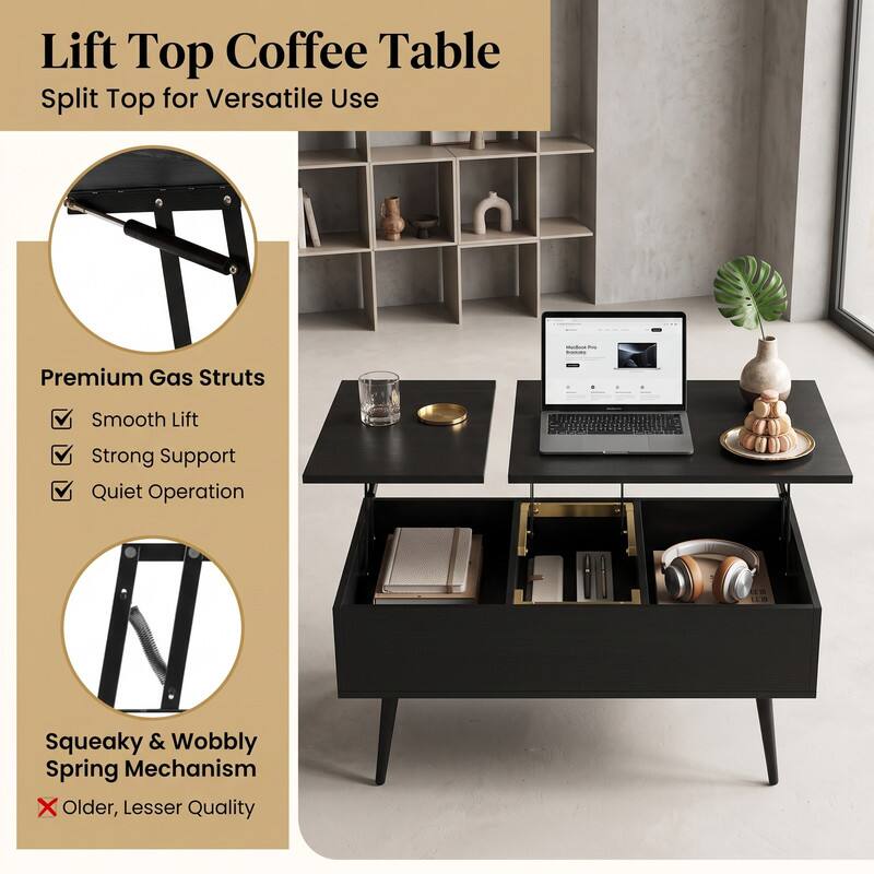 Lift Top Coffee Table  
Split Top for Versatile Use

Premium Gas Struts  
- Smooth Lift  
- Strong Support  
- Quiet Operation

Squeaky & Wobbly Spring Mechanism  
- Older, Lesser Quality