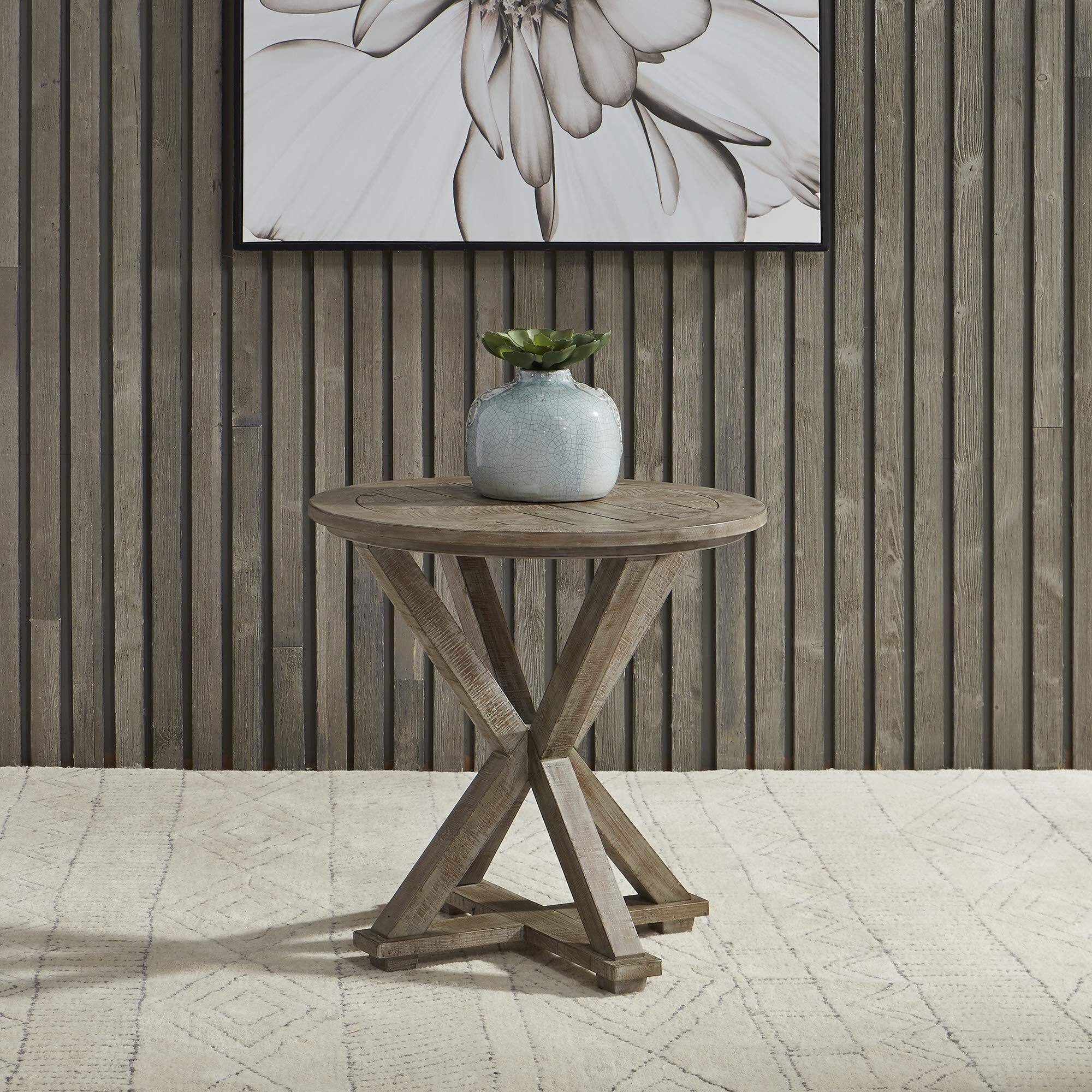 Angle. Liberty Furniture Industries - Parkland Falls Round End Table in Weathered Taupe - Brown.